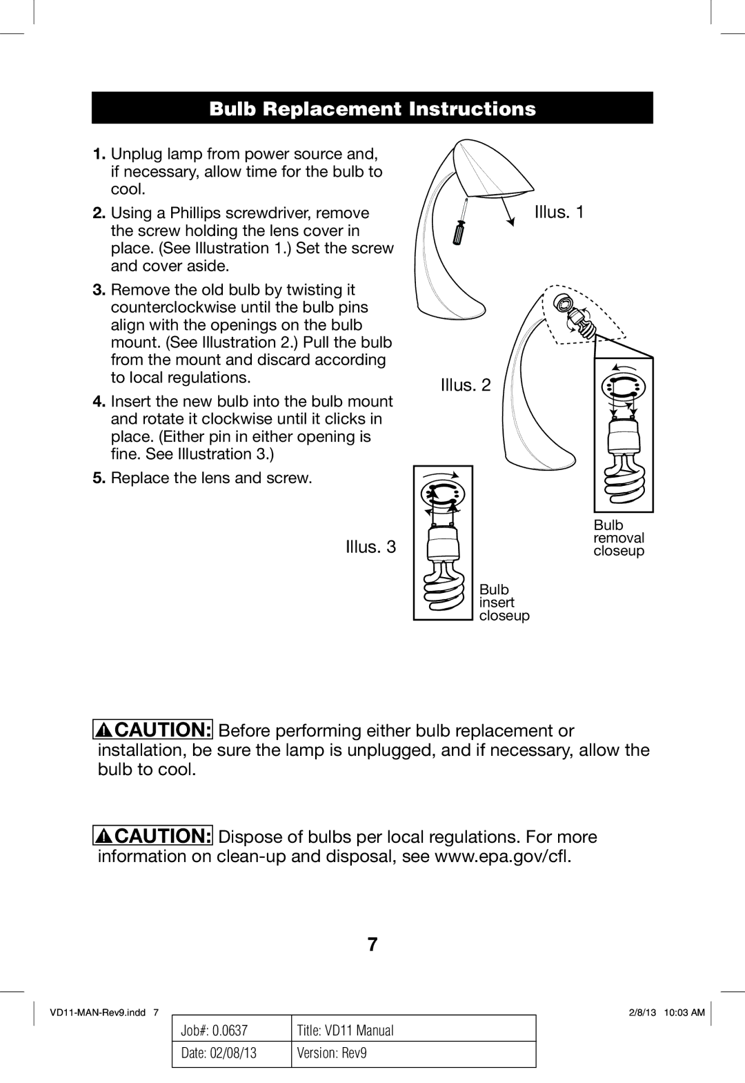 Verilux VD11 manual Bulb Replacement Instructions, Illus 