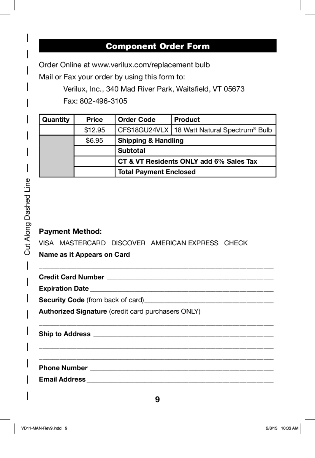 Verilux VD11 Component Order Form, Cut Along Dashed Line, Verilux, Inc., 340 Mad River Park, Waitsfield, VT 05673 Fax 