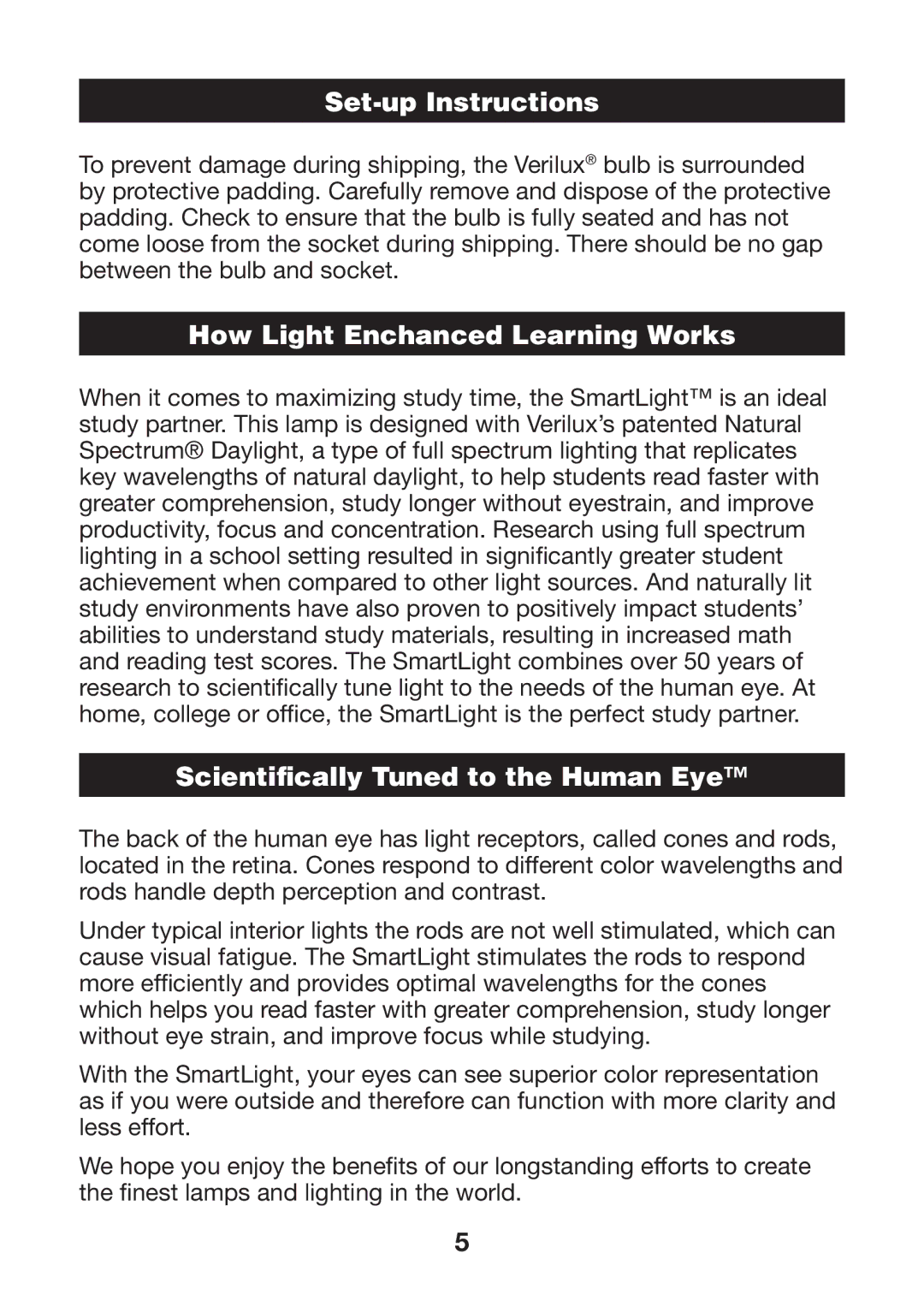 Verilux VD12 manual Set-up Instructions, How Light Enchanced Learning Works, Scientifically Tuned to the Human Eye 