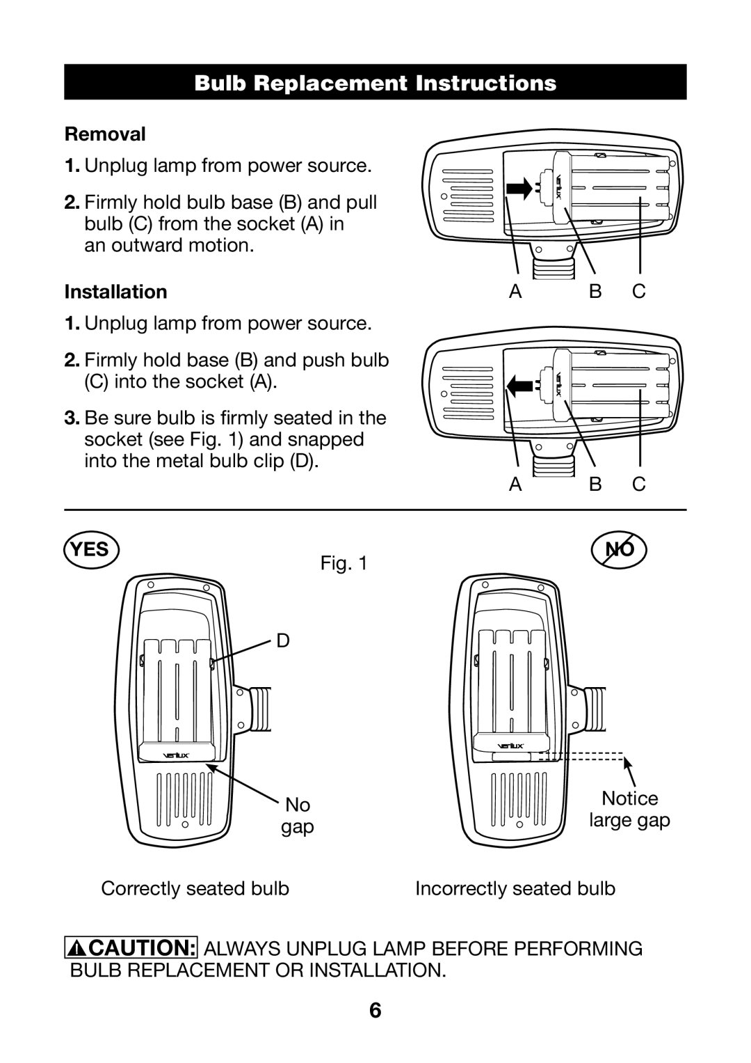 Verilux VD12 manual Bulb Replacement Instructions, Removal 