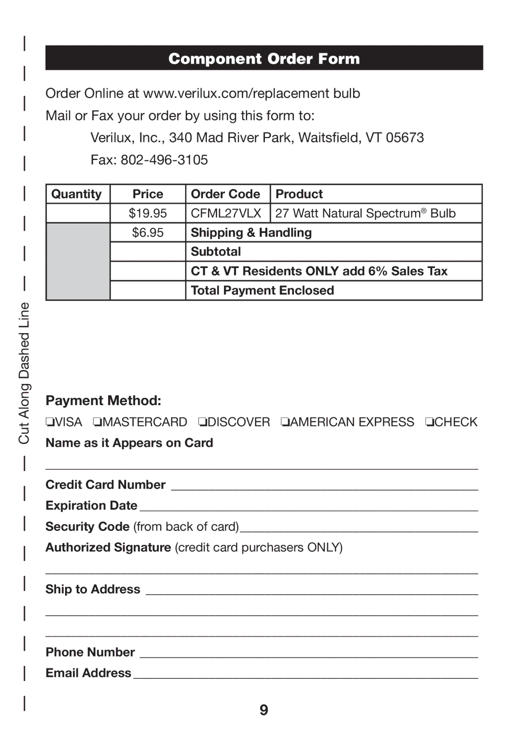 Verilux VD12 manual Component Order Form, Verilux, Inc., 340 Mad River Park, Waitsfield, VT 05673 Fax 