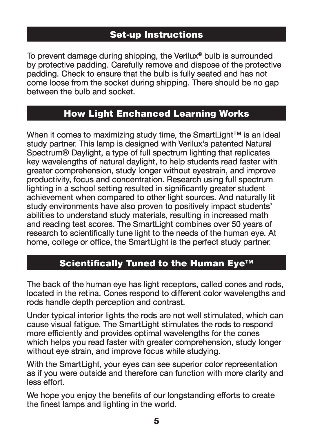 Verilux VD12 manual Set-upInstructions, How Light Enchanced Learning Works, Scientifically Tuned to the Human Eye 