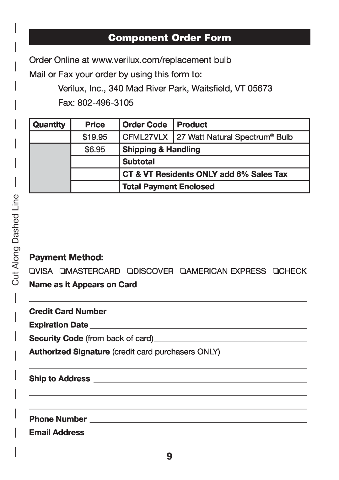 Verilux VD12 manual Component Order Form, Payment Method 