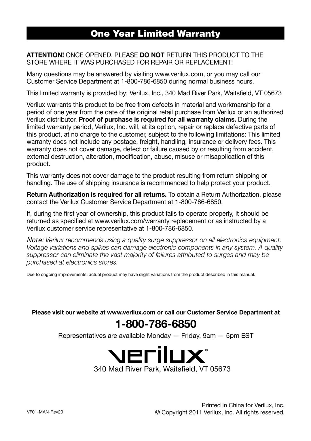 Verilux VF01 manual One Year Limited Warranty 