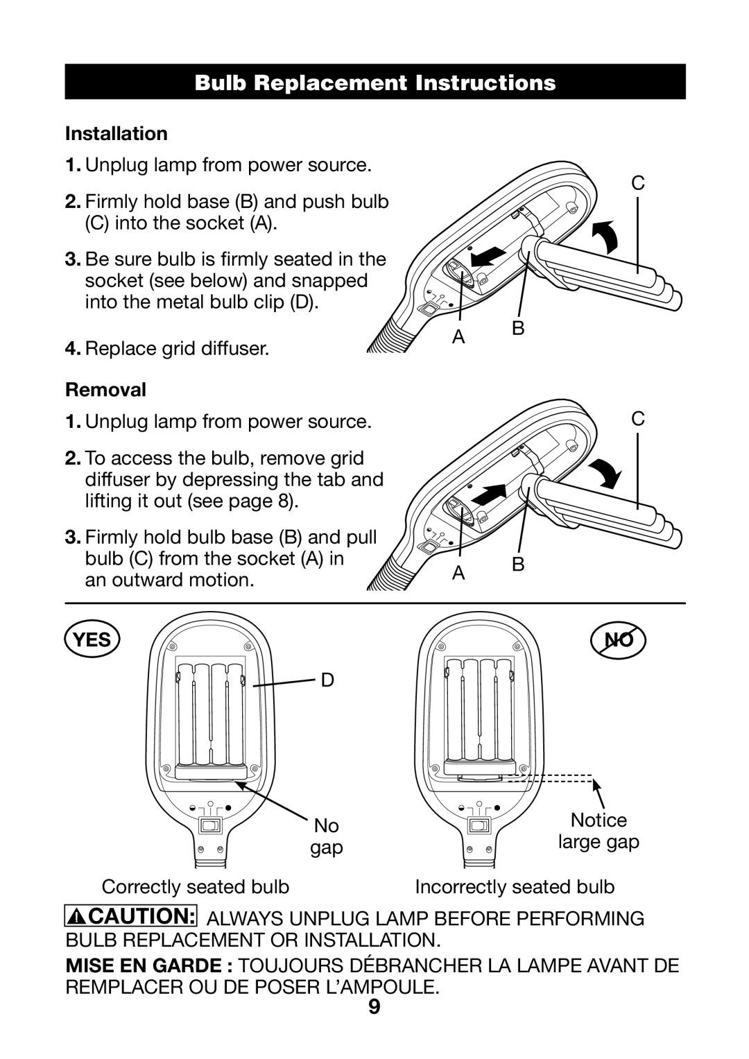 Verilux VF01 manual Bulb Replacement Instructions, Installation, Removal 