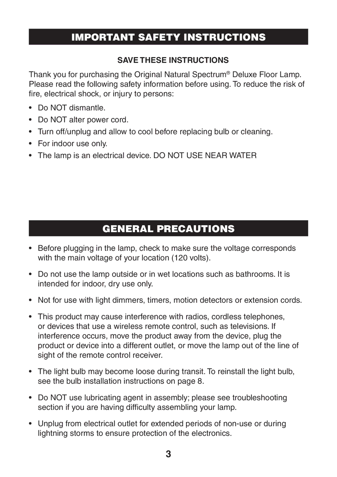 Verilux VF01 manual Important Safety Instructions, General Precautions 