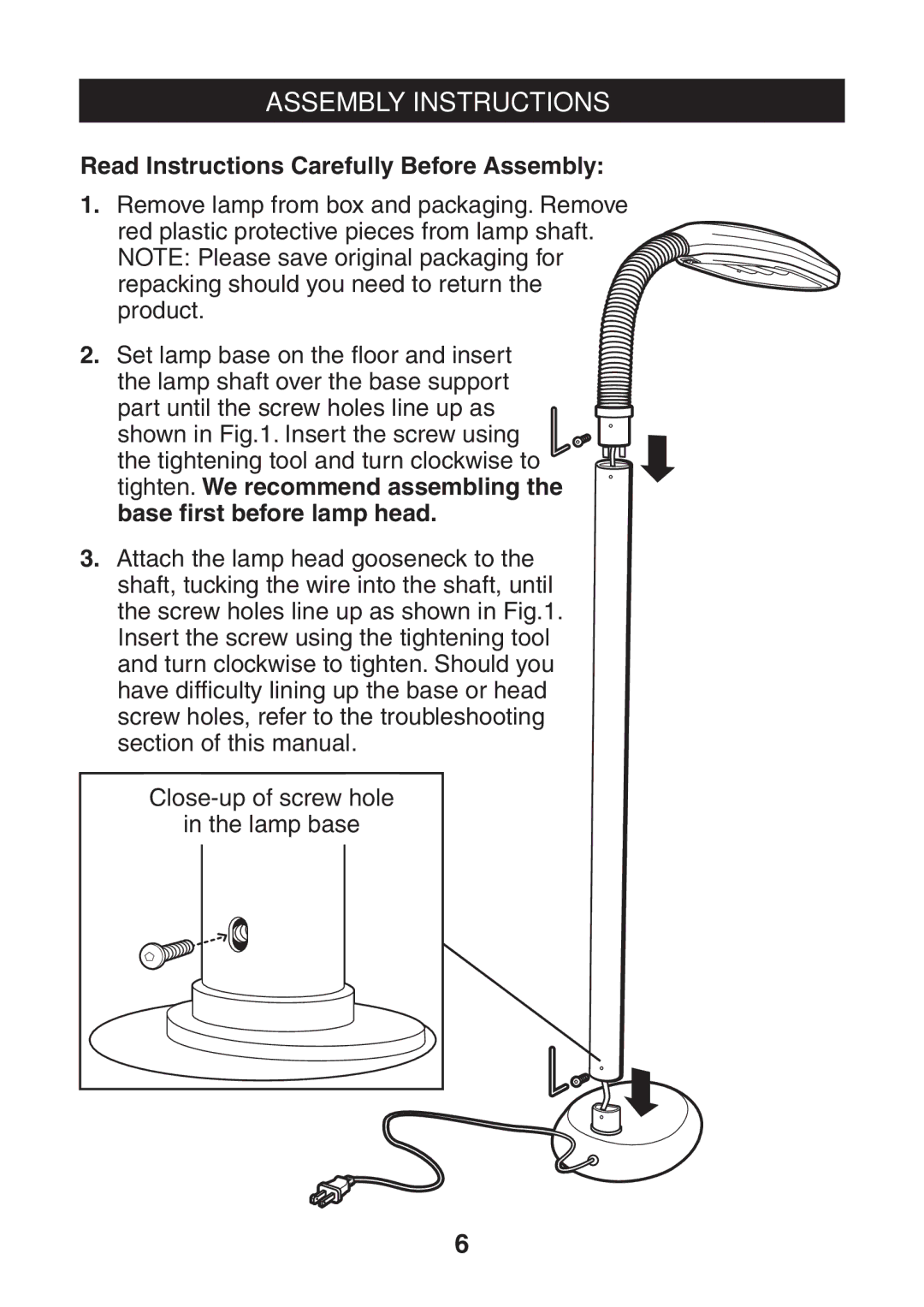 Verilux VF01 manual Assembly Instructions, Read Instructions Carefully Before Assembly 