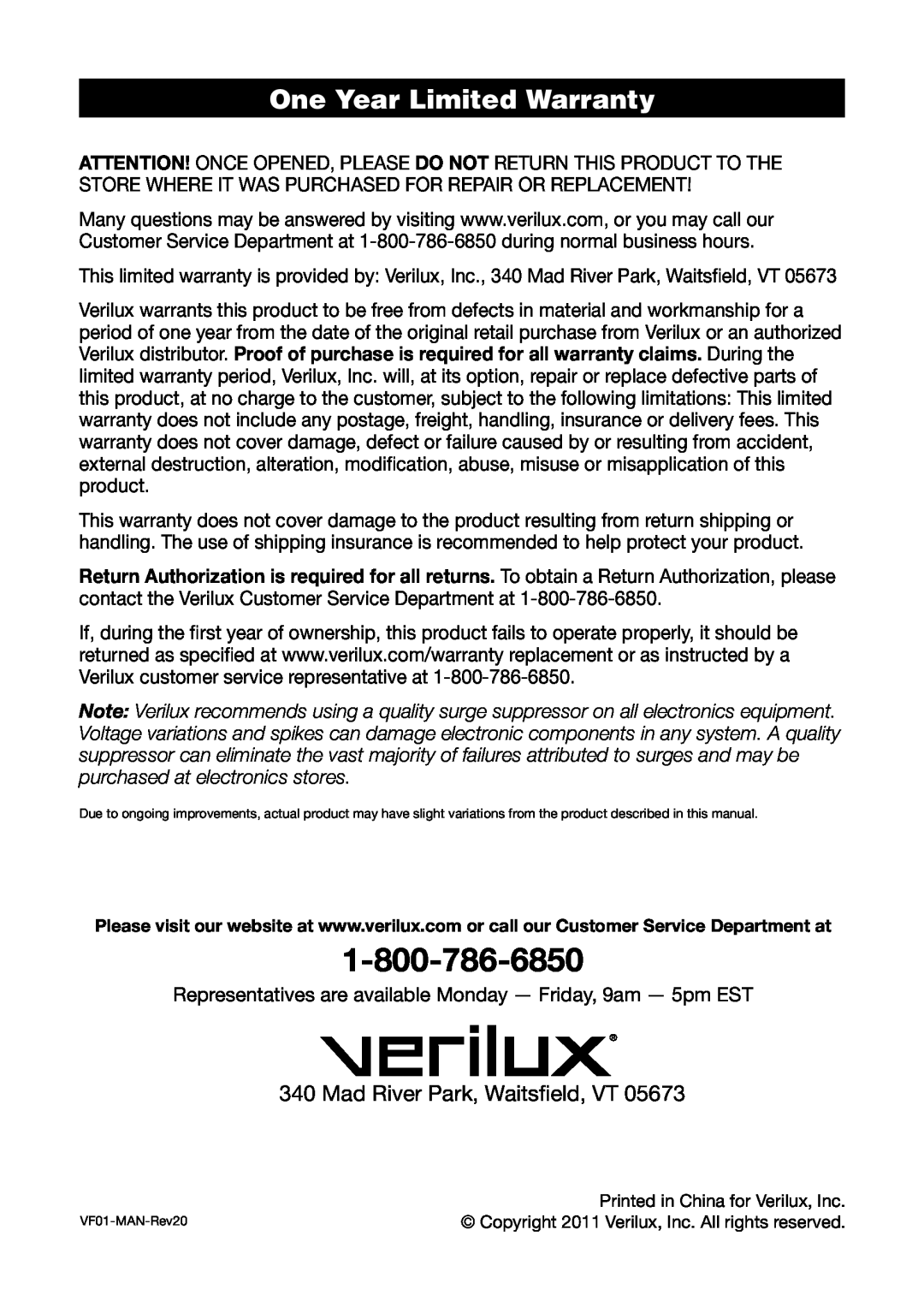 Verilux VF01 manual One Year Limited Warranty, Mad River Park, Waitsfield, VT 