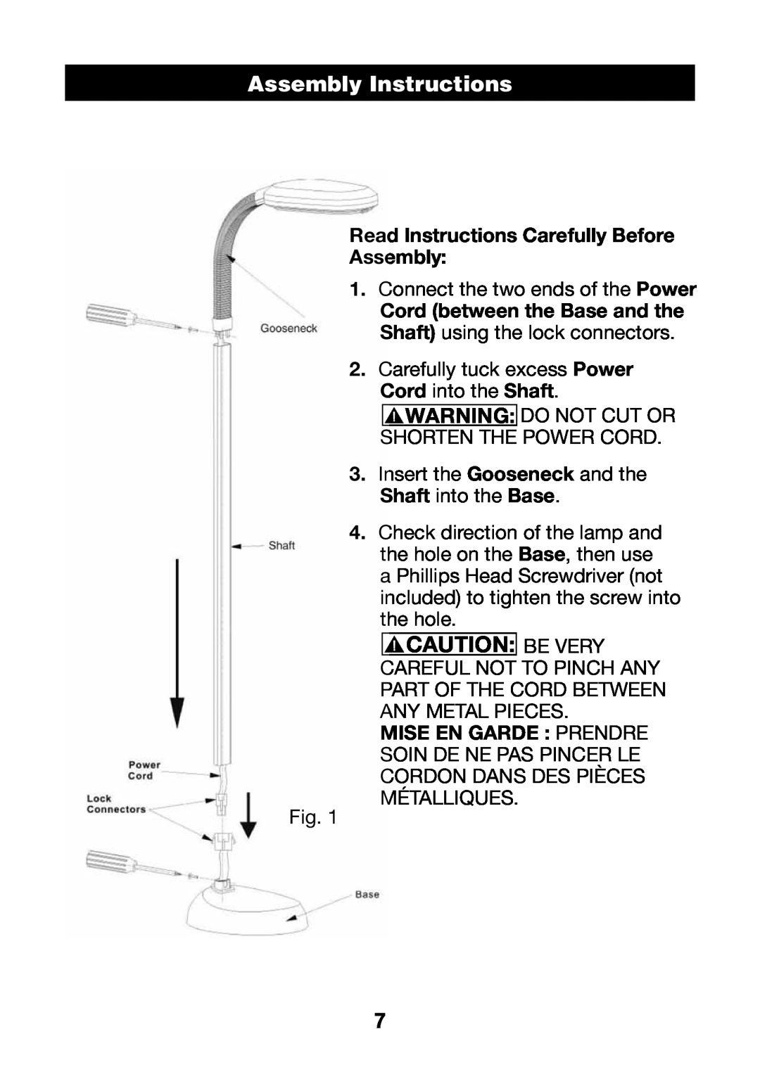 Verilux VF01 manual Assembly Instructions, Read Instructions Carefully Before Assembly, Mise En Garde Prendre 