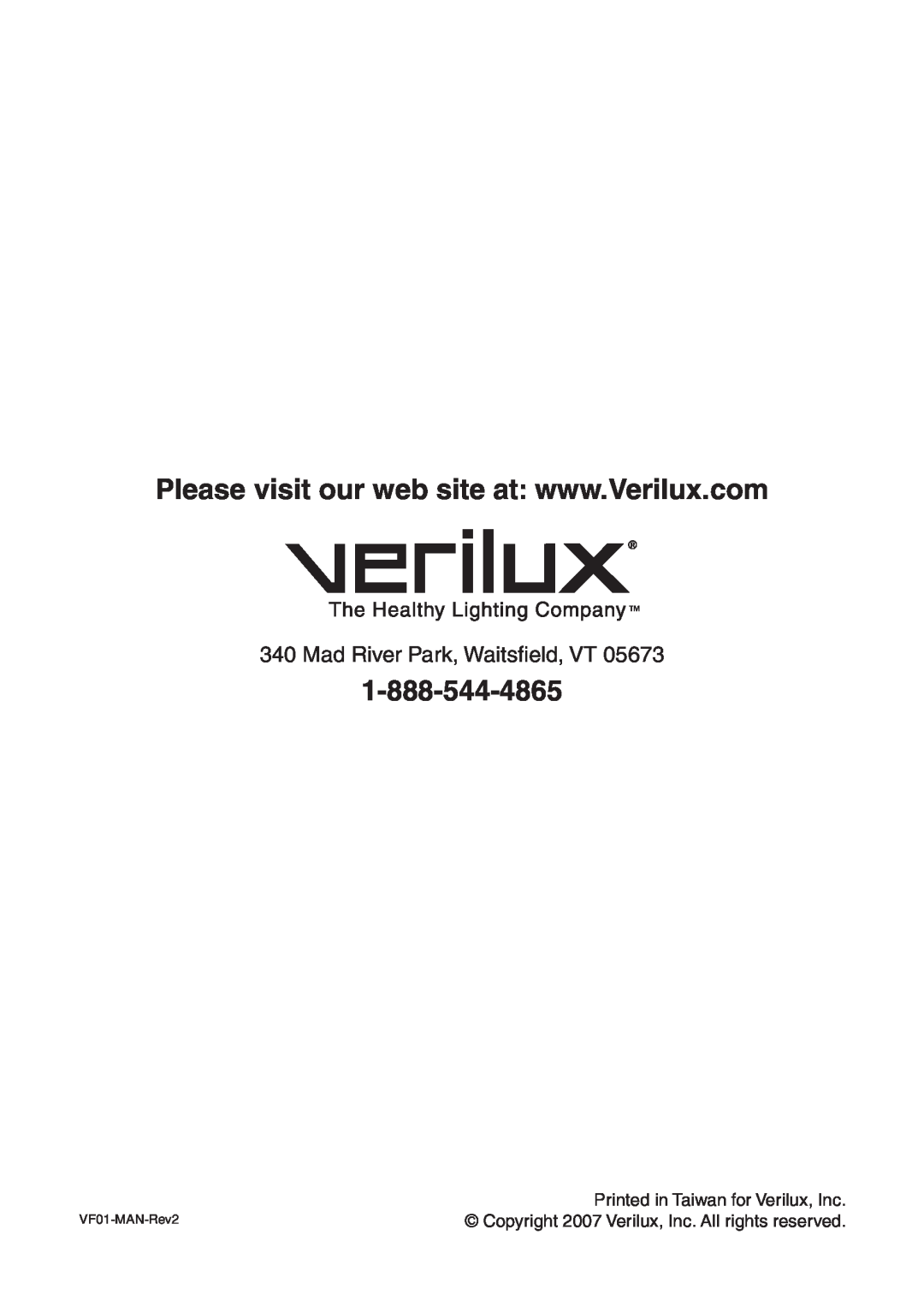 Verilux manual Mad River Park, Waitsﬁeld, VT, VF01-MAN-Rev2 