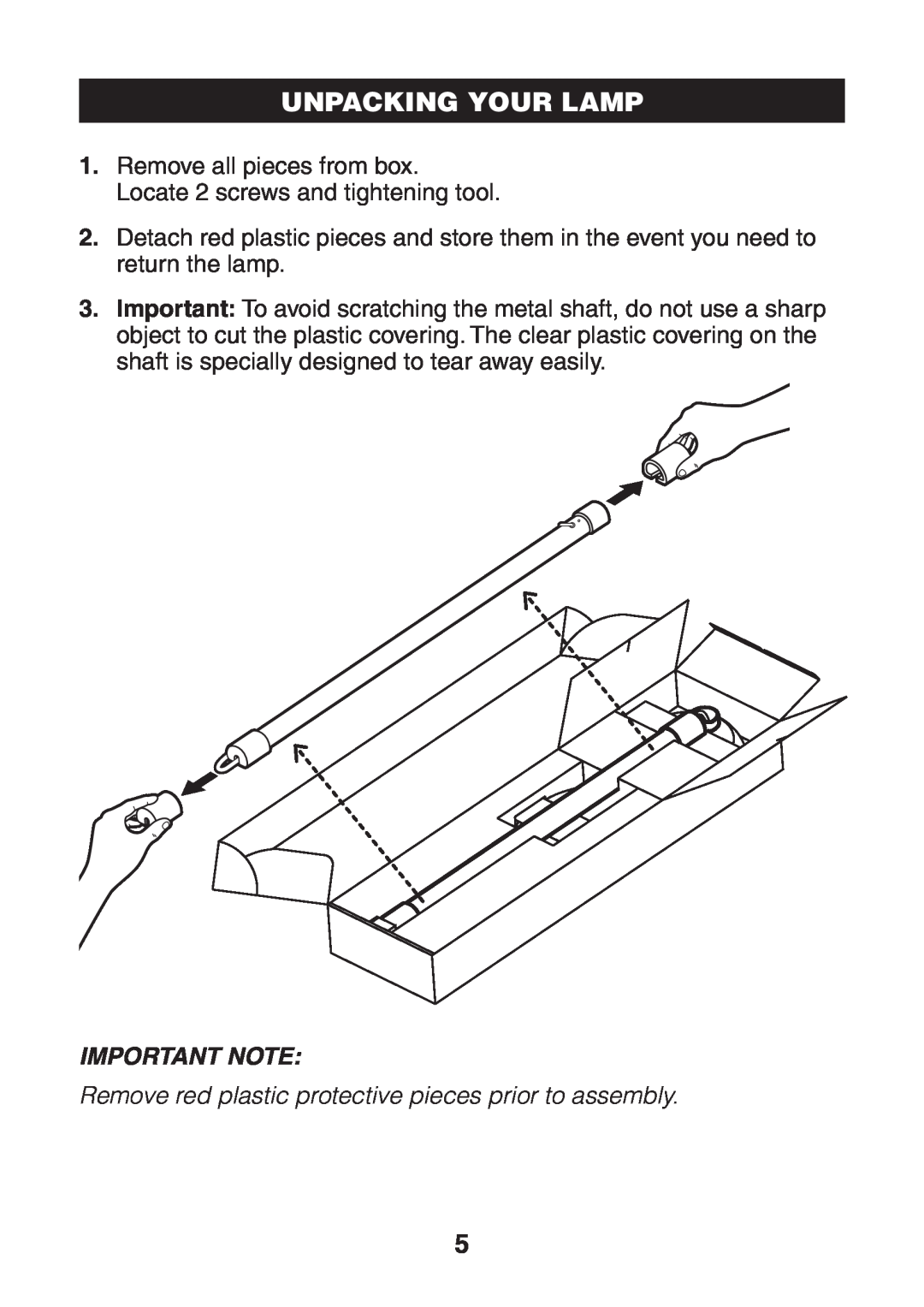 Verilux VF01 manual Unpacking Your Lamp, Remove red plastic protective pieces prior to assembly, Important Note 