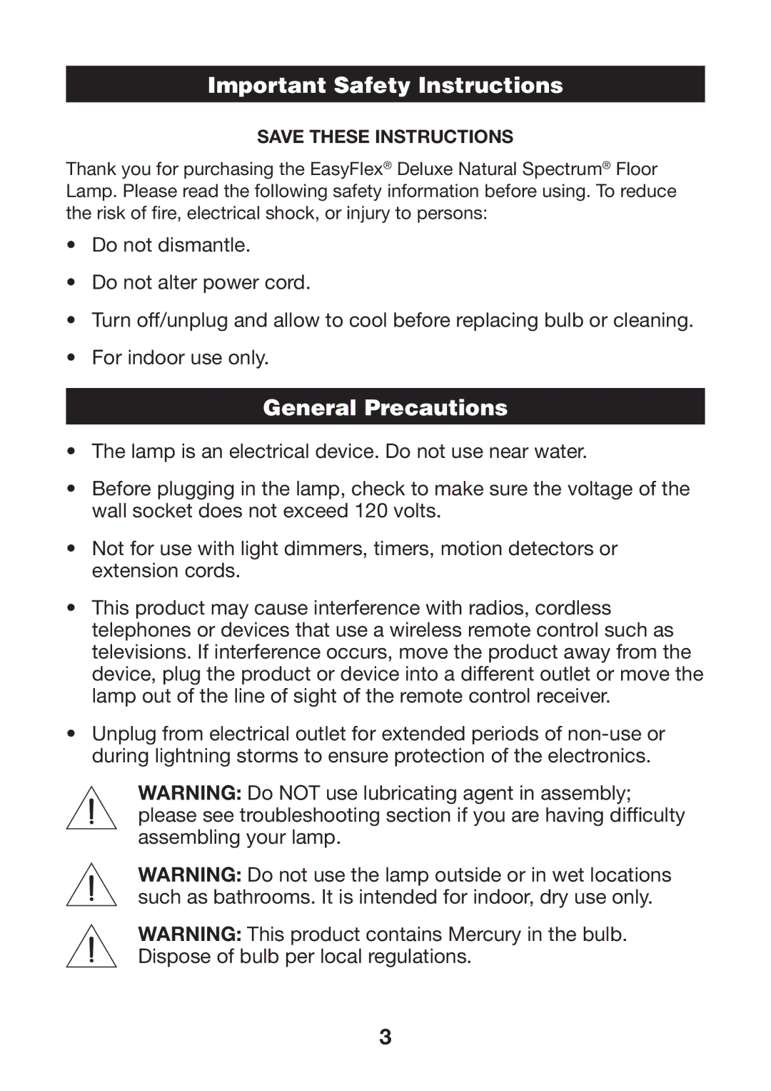 Verilux VF02 manual Important Safety Instructions, General Precautions 