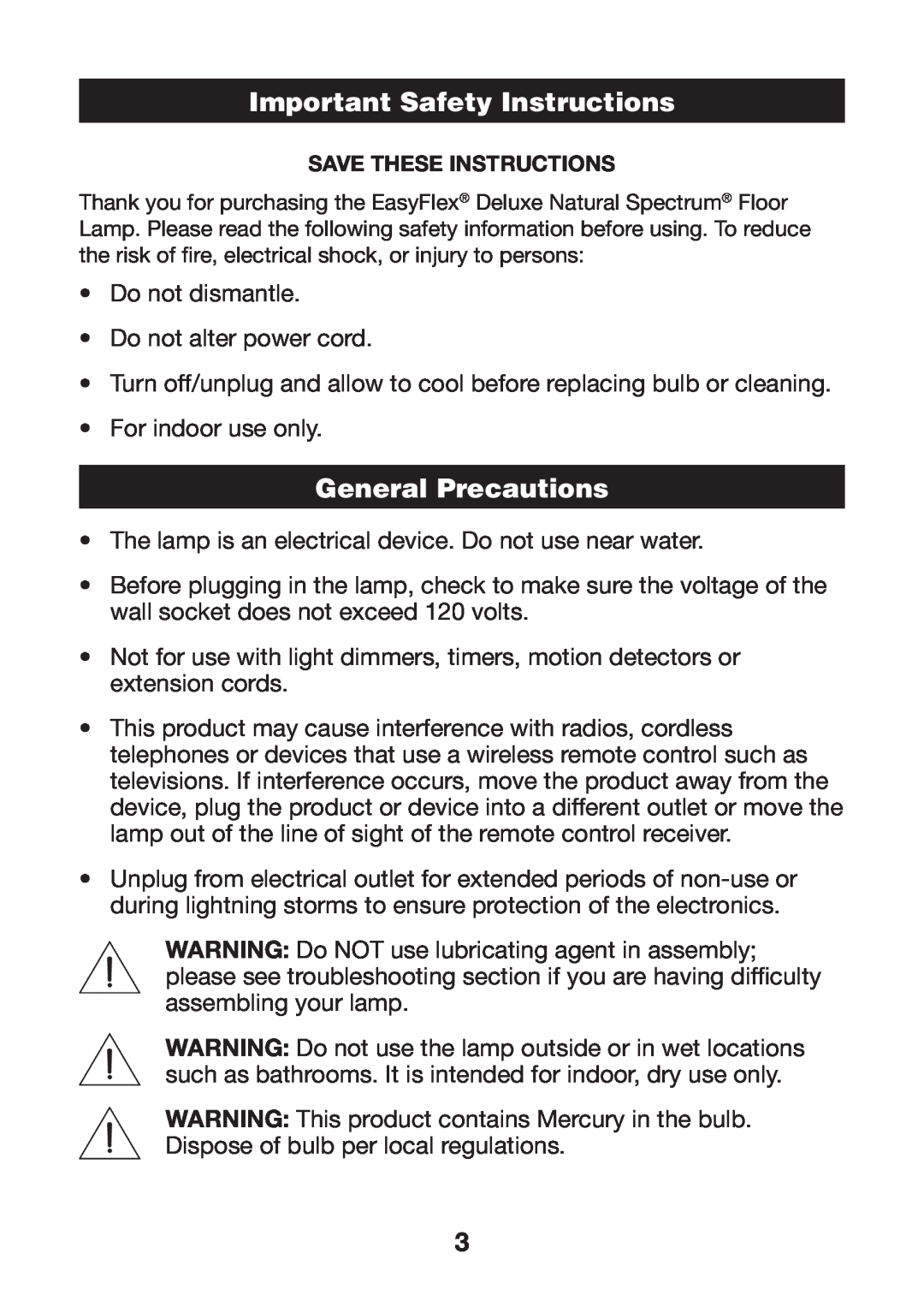 Verilux VF02 manual Important Safety Instructions, General Precautions 