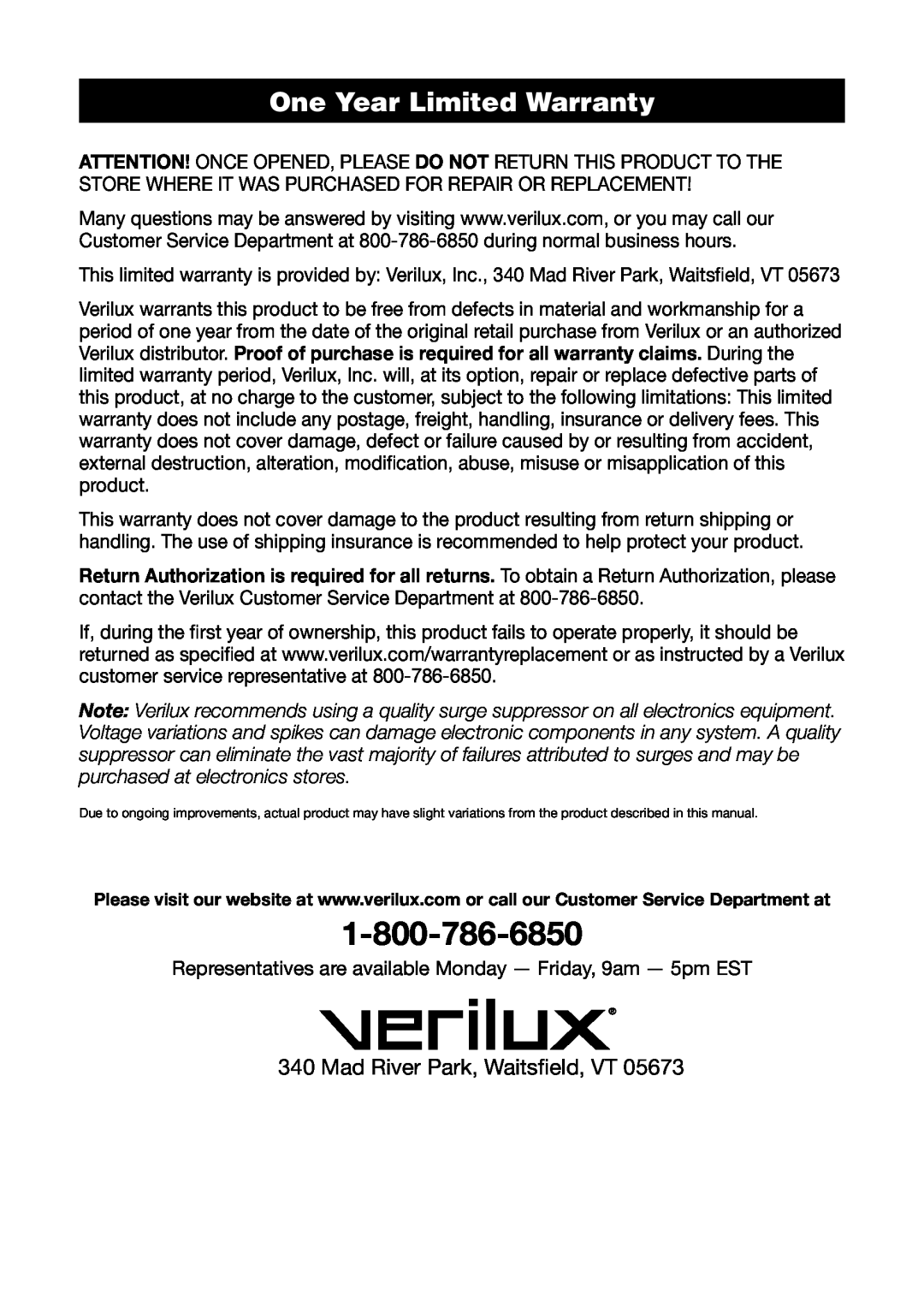 Verilux VF02 manual One Year Limited Warranty, Mad River Park, Waitsfield, VT 