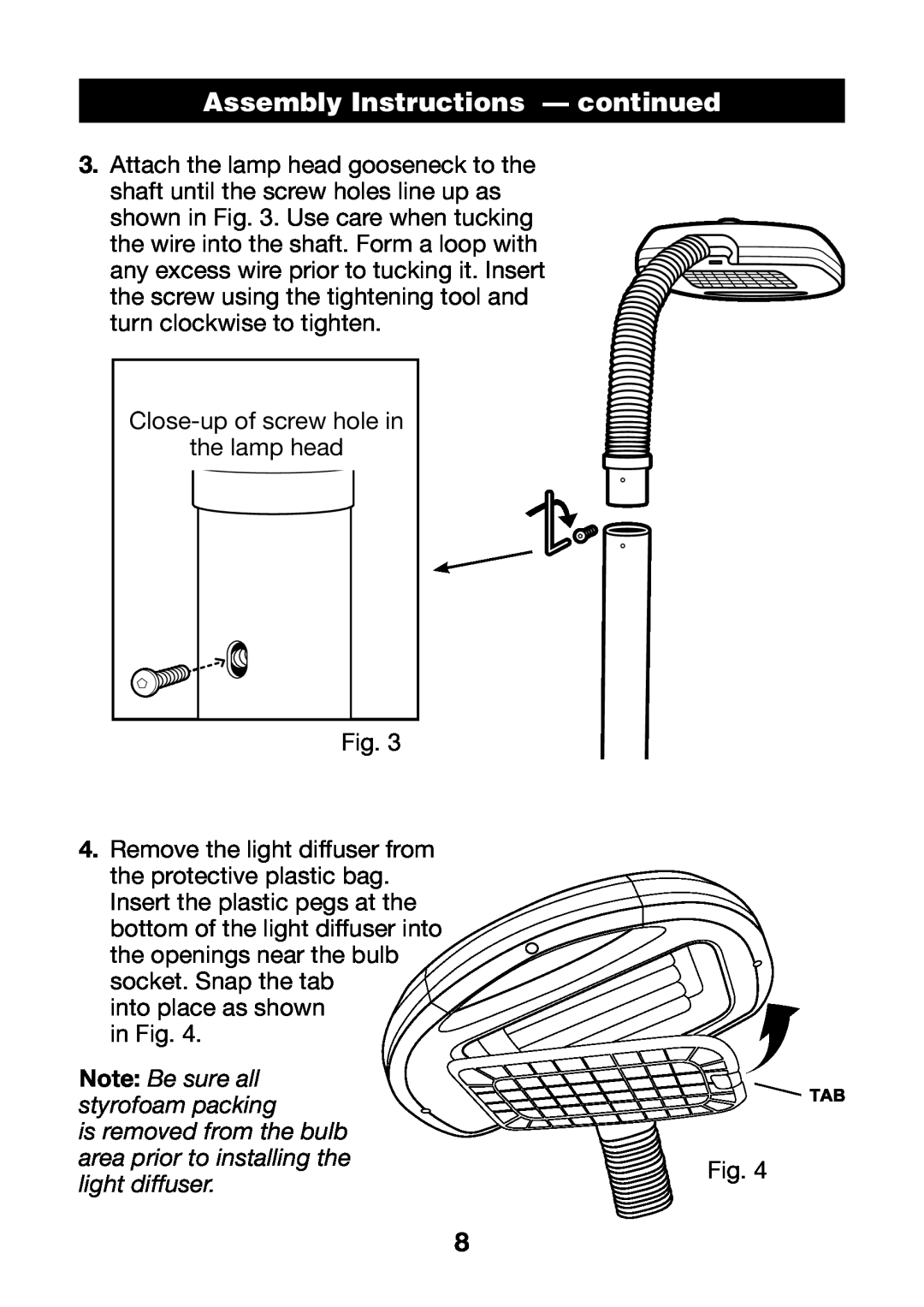 Verilux VF02 manual Assembly Instructions - continued, Note Be sure all, styrofoam packing, is removed from the bulb 