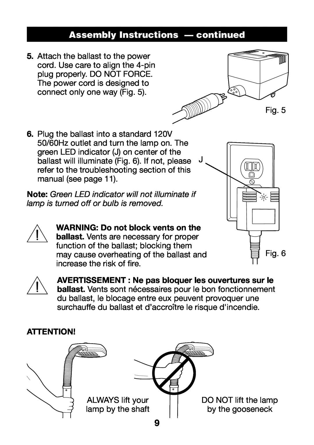 Verilux VF02 manual Assembly Instructions - continued, Plug the ballast into a standard 