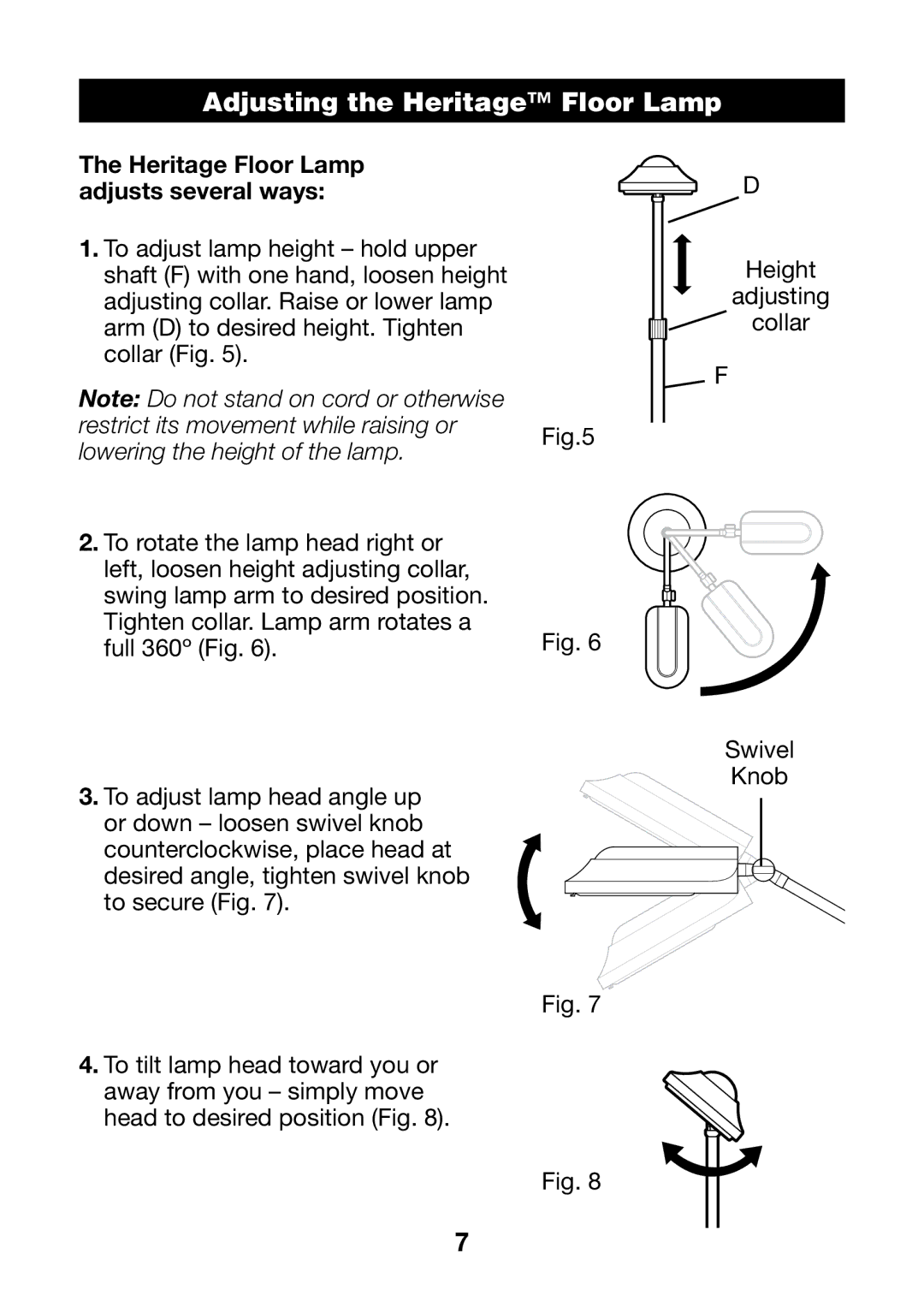 Verilux VF03 manual Adjusting the Heritage Floor Lamp, Heritage Floor Lamp adjusts several ways 