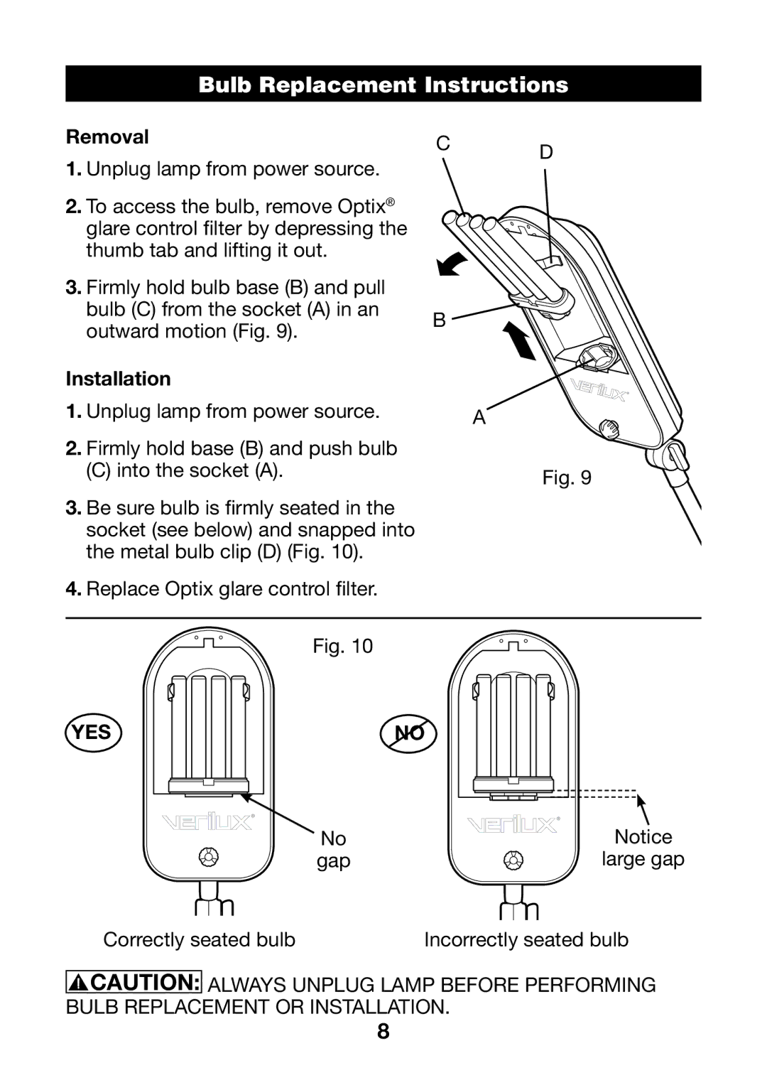 Verilux VF03 manual Bulb Replacement Instructions, Removal, Installation 