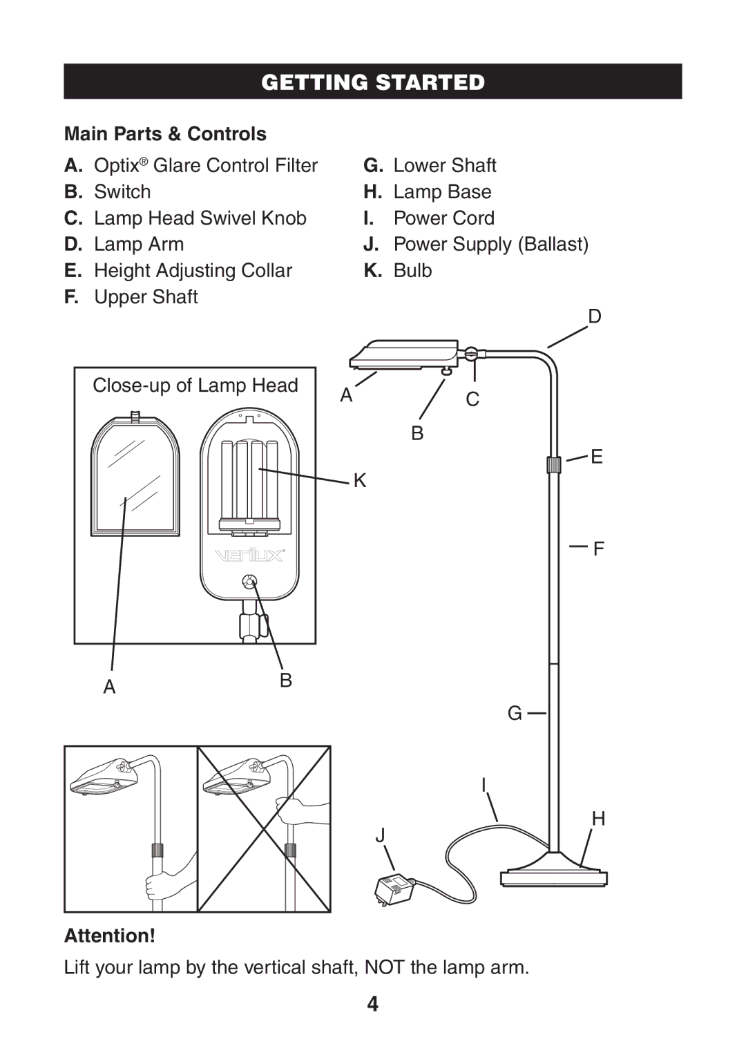 Verilux VF03 manual Getting Started, Height Adjusting Collar Bulb 