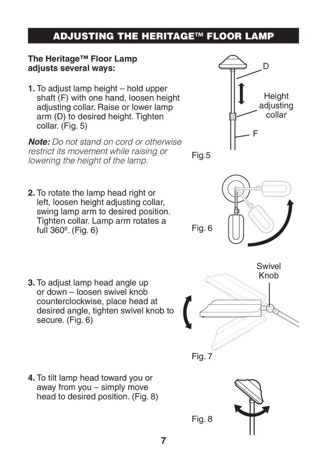 Verilux VF03 manual Adjusting the Heritage Floor Lamp, Heritage Floor Lamp Adjusts several ways 