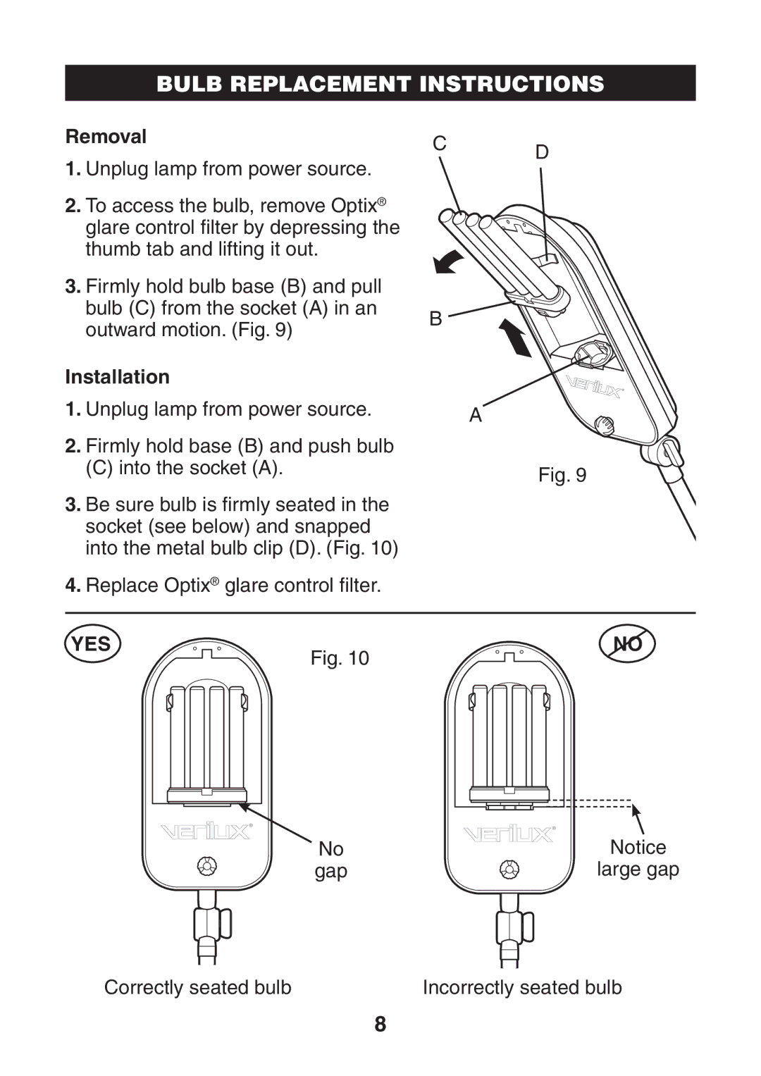 Verilux VF03 manual Bulb Replacement Instructions, Removal, Installation 