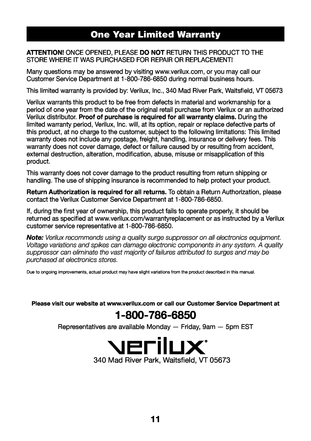 Verilux VF03 manual One Year Limited Warranty, Mad River Park, Waitsfield, VT 