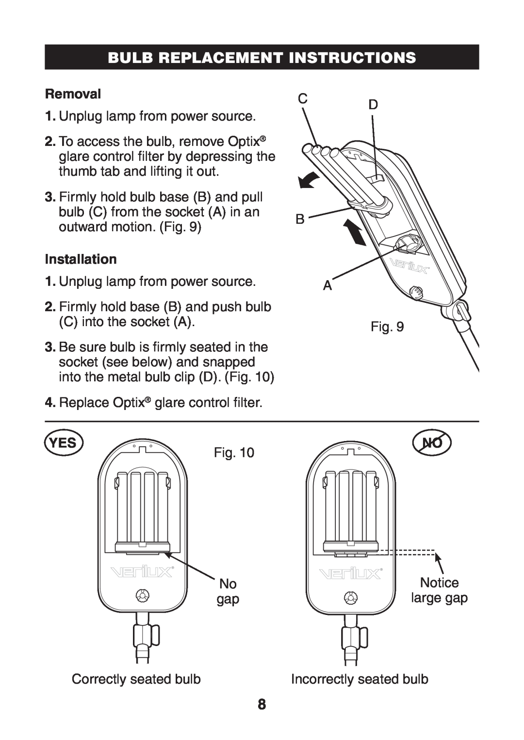 Verilux VF03 manual Bulb Replacement Instructions, Removal, Installation 