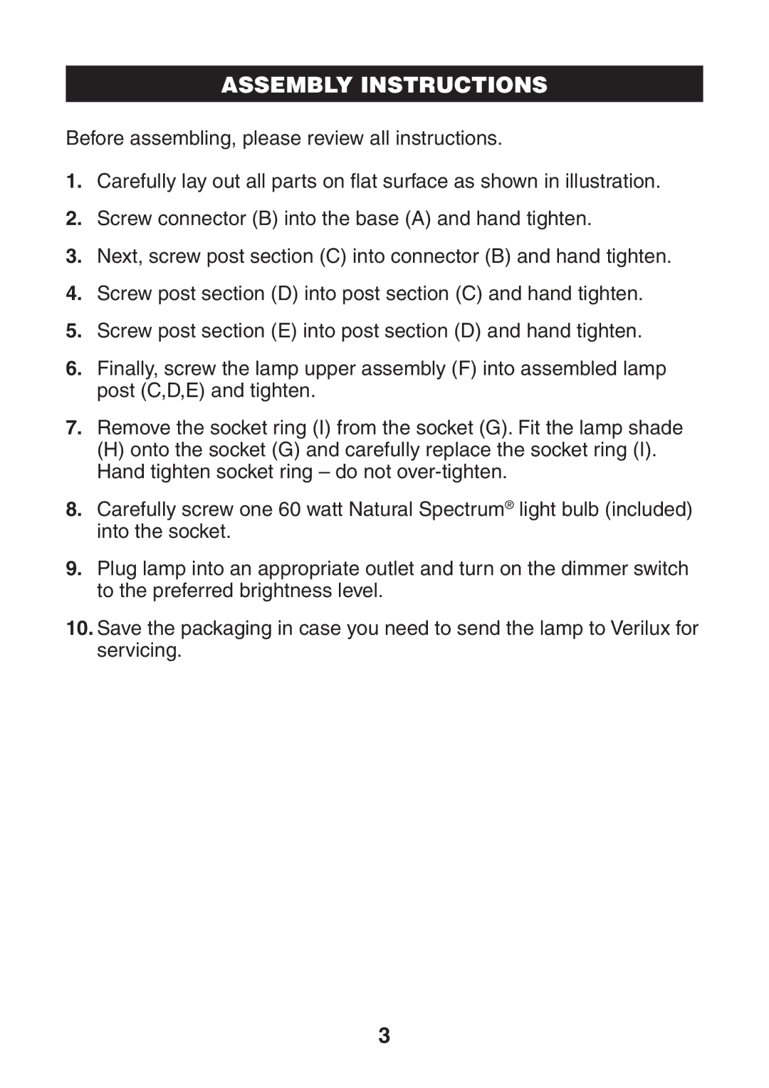 Verilux VF04 manual Assembly Instructions 