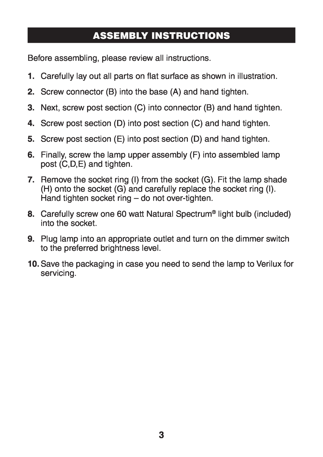 Verilux VF04 manual Assembly Instructions 