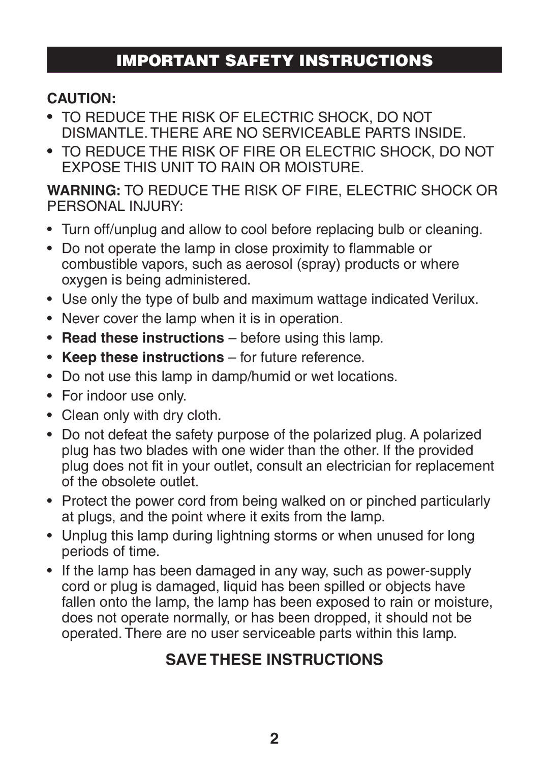 Verilux VF05-MAN-REV3 warranty Important Safety Instructions, Keep these instructions for future reference 