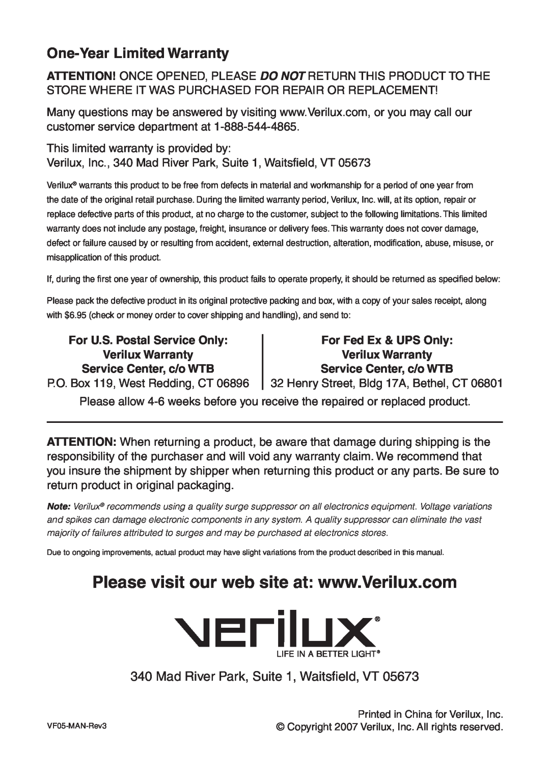 Verilux VF05-MAN-REV3 warranty One-YearLimited Warranty, Mad River Park, Suite 1, Waitsﬁeld, VT, Service Center, c/o WTB 