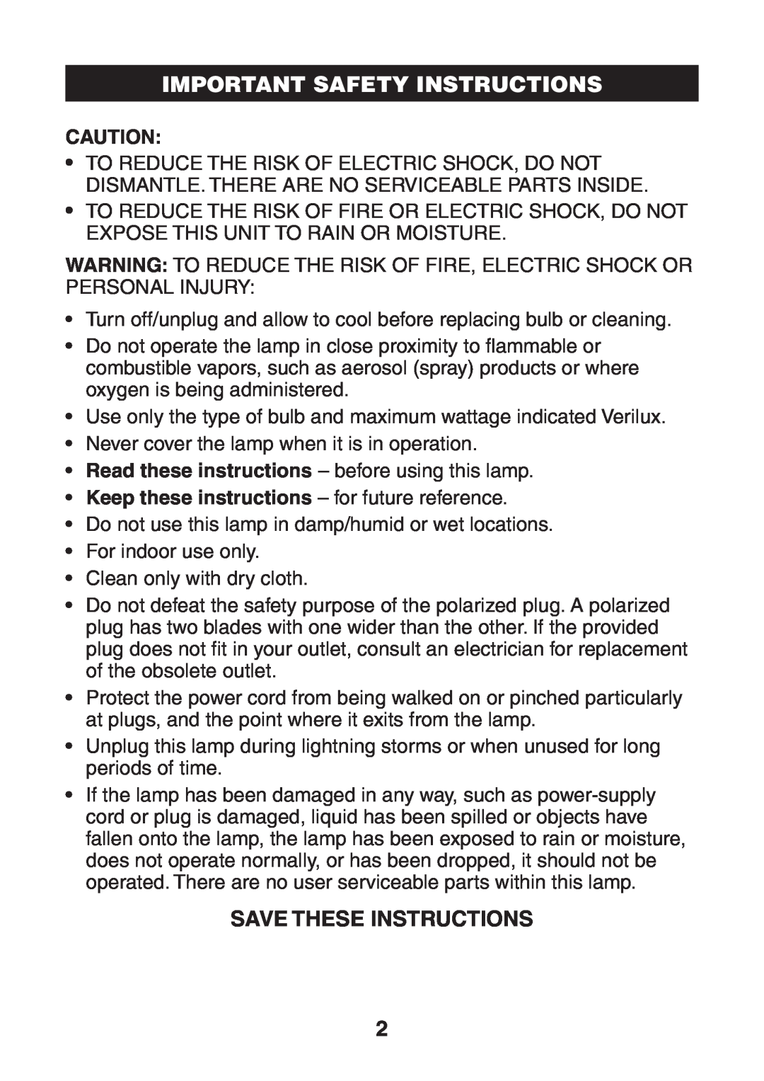 Verilux VF05-MAN-REV3 warranty Important Safety Instructions, Save These Instructions 