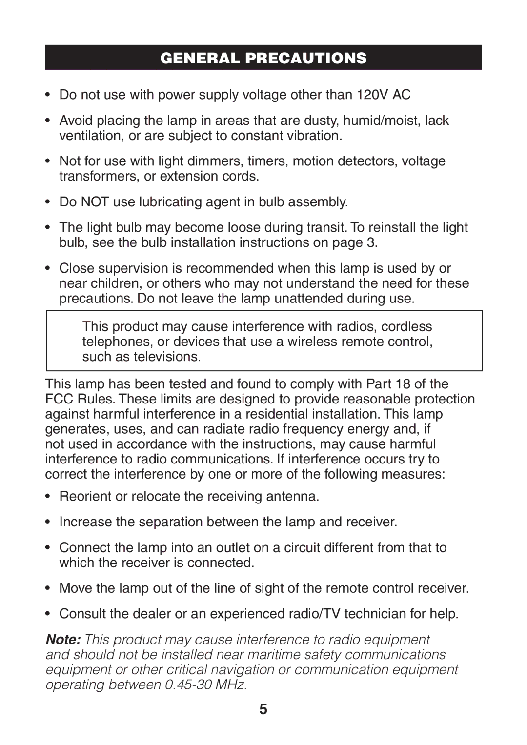 Verilux VF05 manual General Precautions 