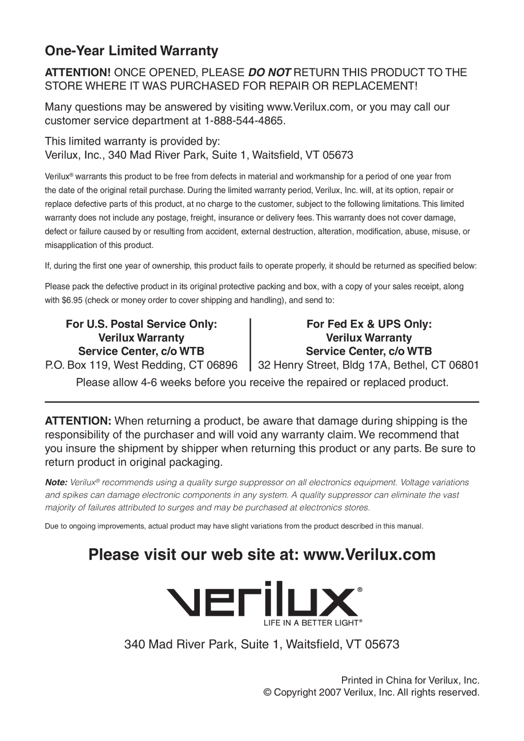 Verilux VF05 manual One-Year Limited Warranty 