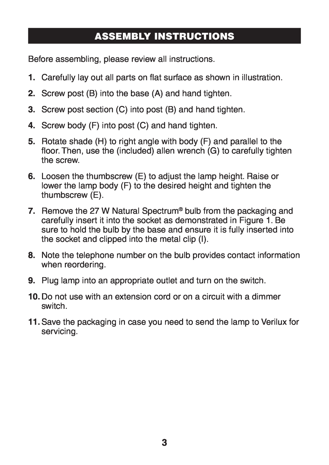 Verilux VF05 manual Assembly Instructions 
