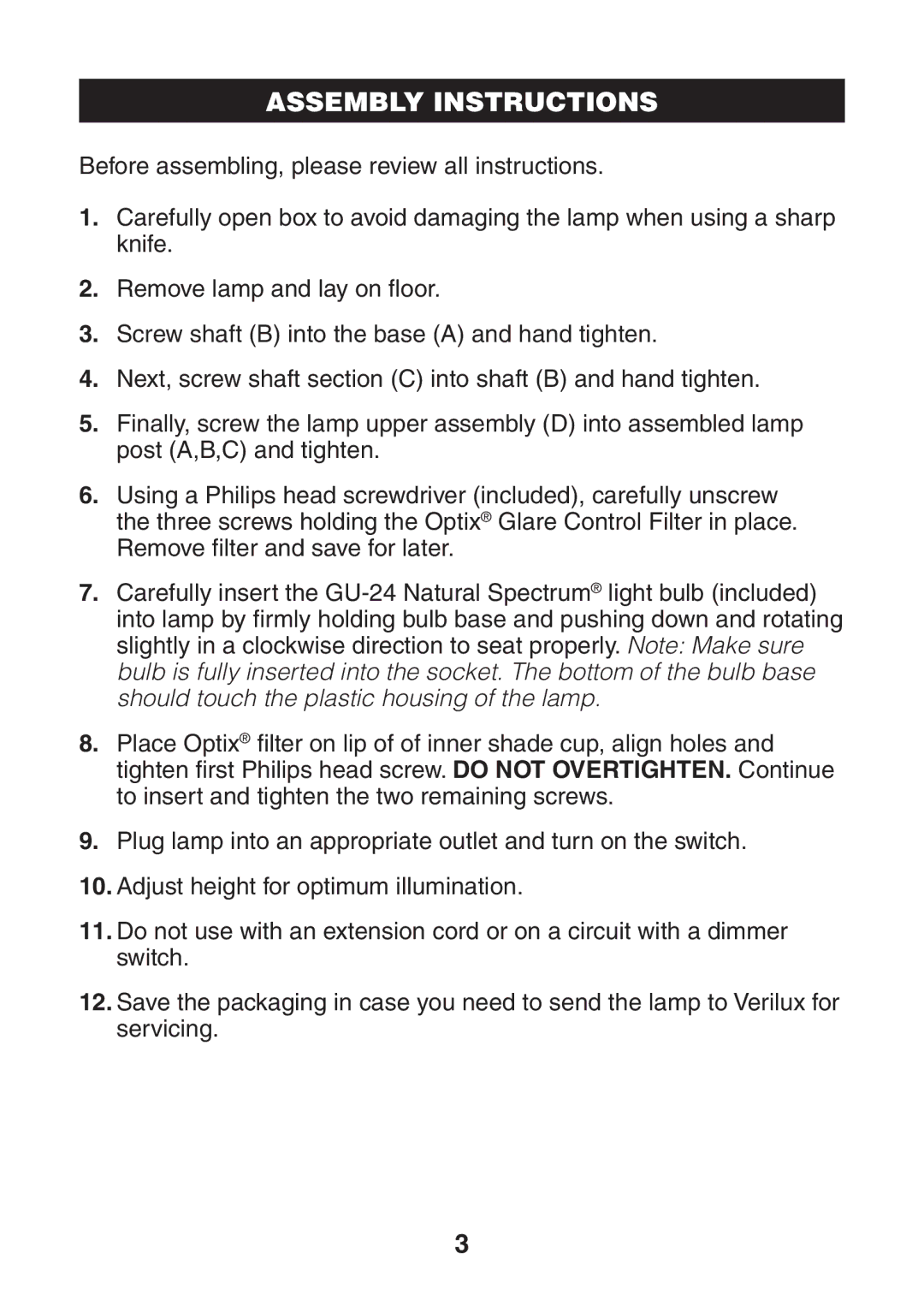 Verilux VF08 manual Assembly Instructions 