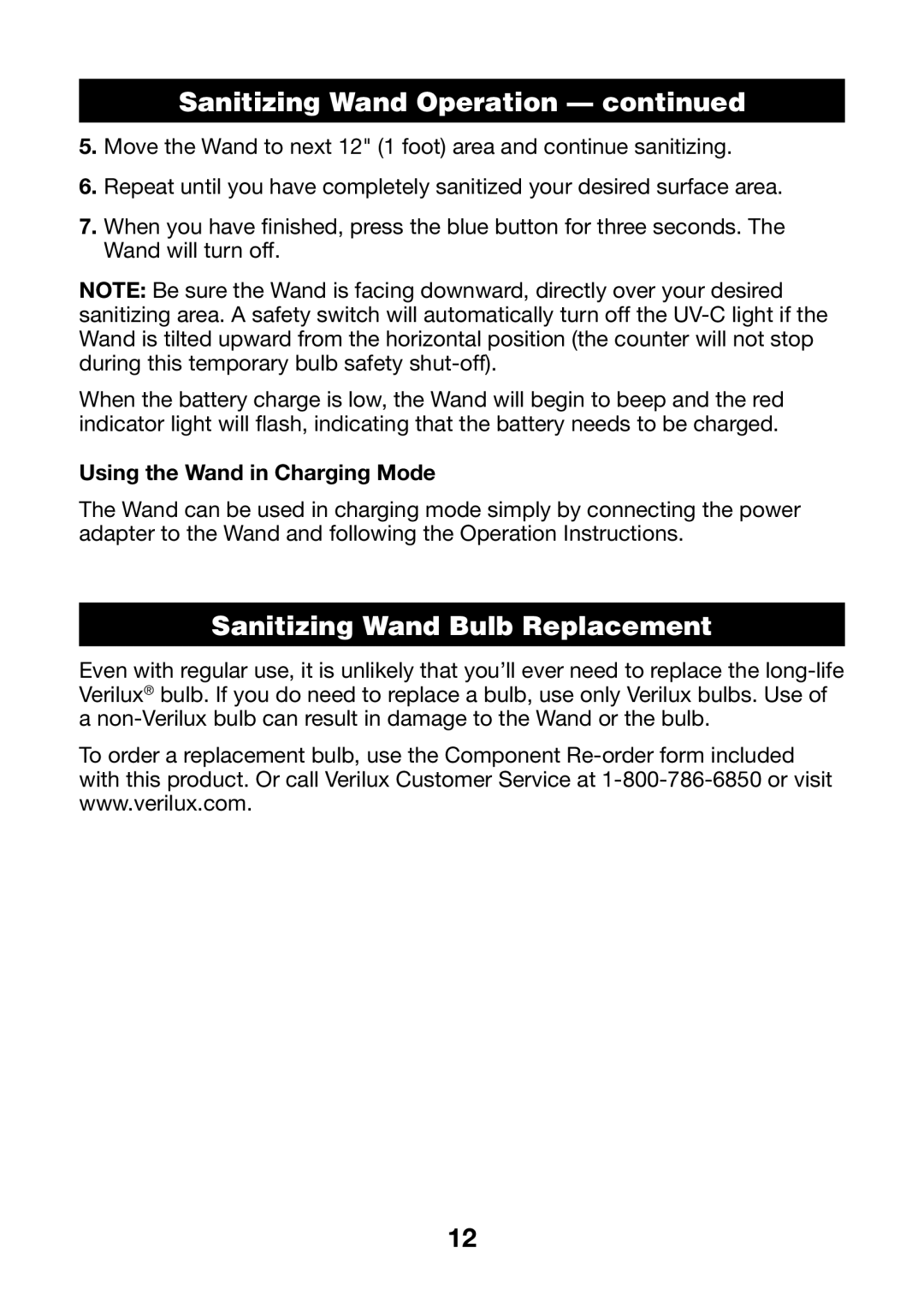 Verilux VH01 manual Sanitizing Wand Bulb Replacement, Using the Wand in Charging Mode 