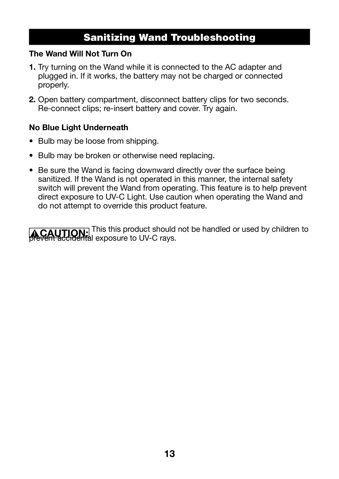 Verilux VH01 manual Sanitizing Wand Troubleshooting, Wand Will Not Turn On, No Blue Light Underneath 