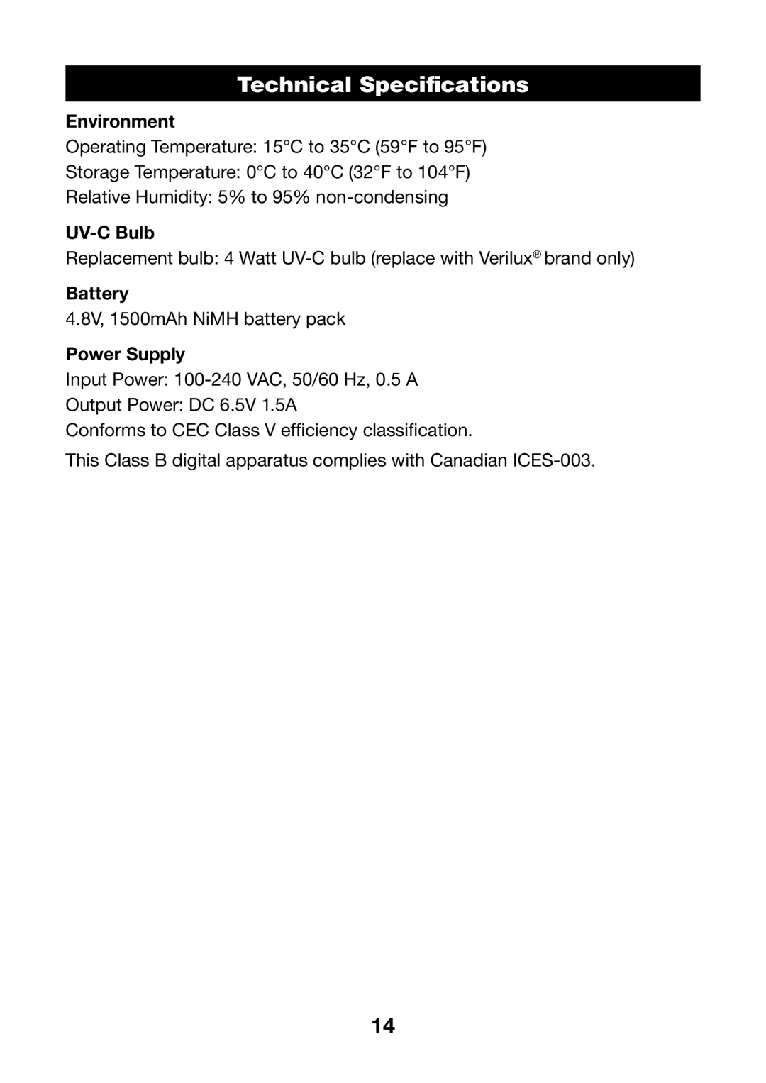 Verilux VH01 manual Technical Specifications, Environment, UV-C Bulb, Battery, Power Supply 