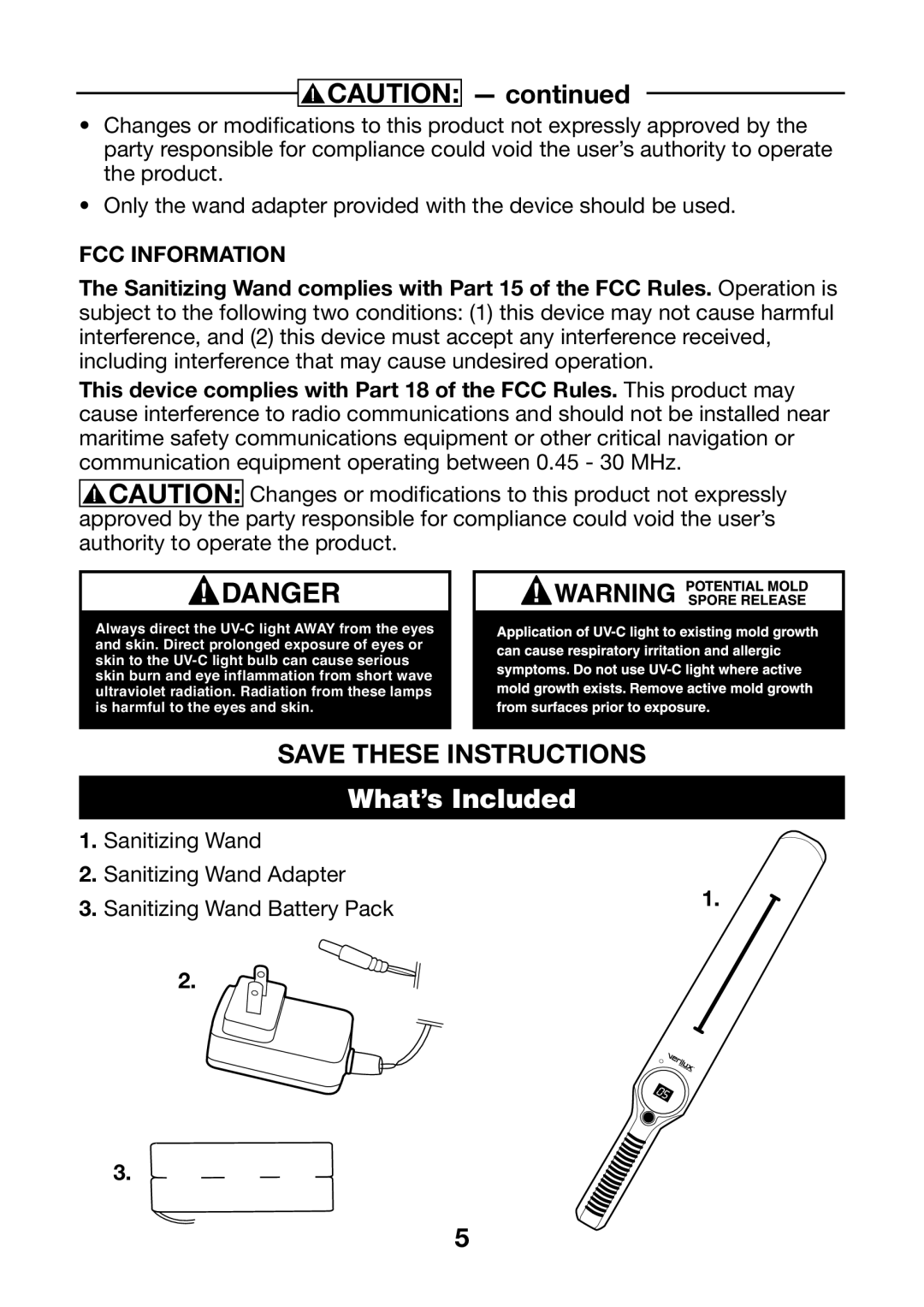 Verilux VH01 manual What’s Included, Sanitizing Wand Battery Pack 