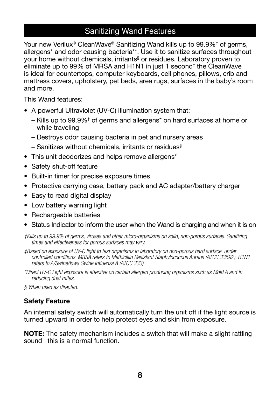 Verilux VH01 manual Sanitizing Wand Features, Safety Feature 