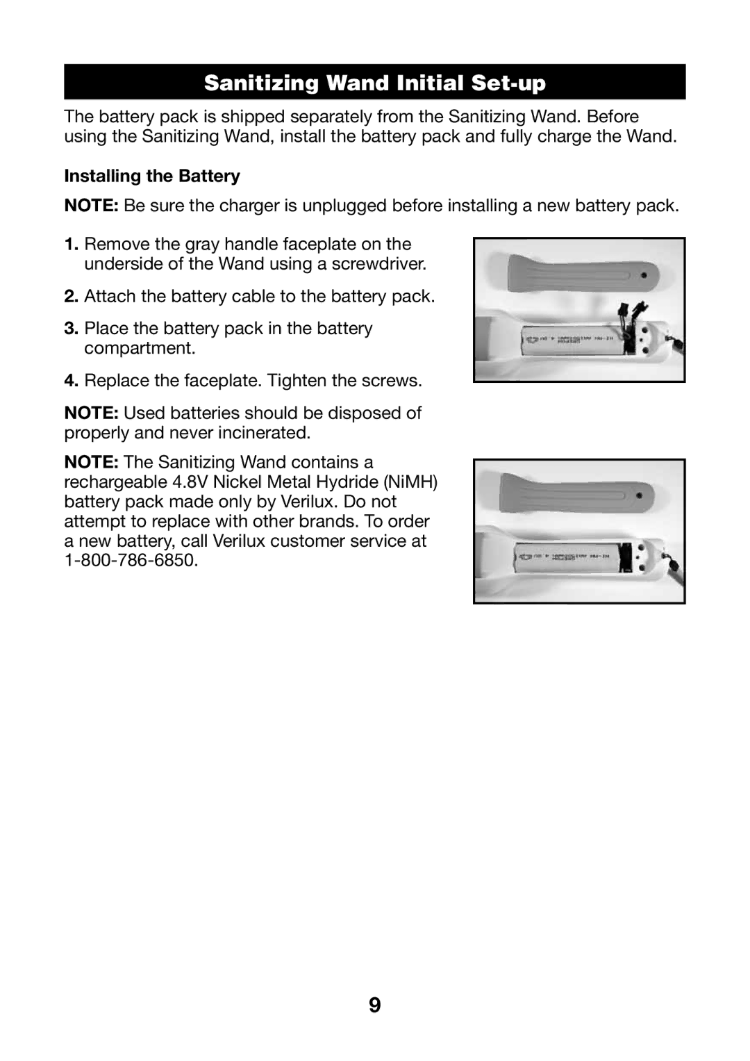 Verilux VH01 manual Sanitizing Wand Initial Set-up, Installing the Battery 