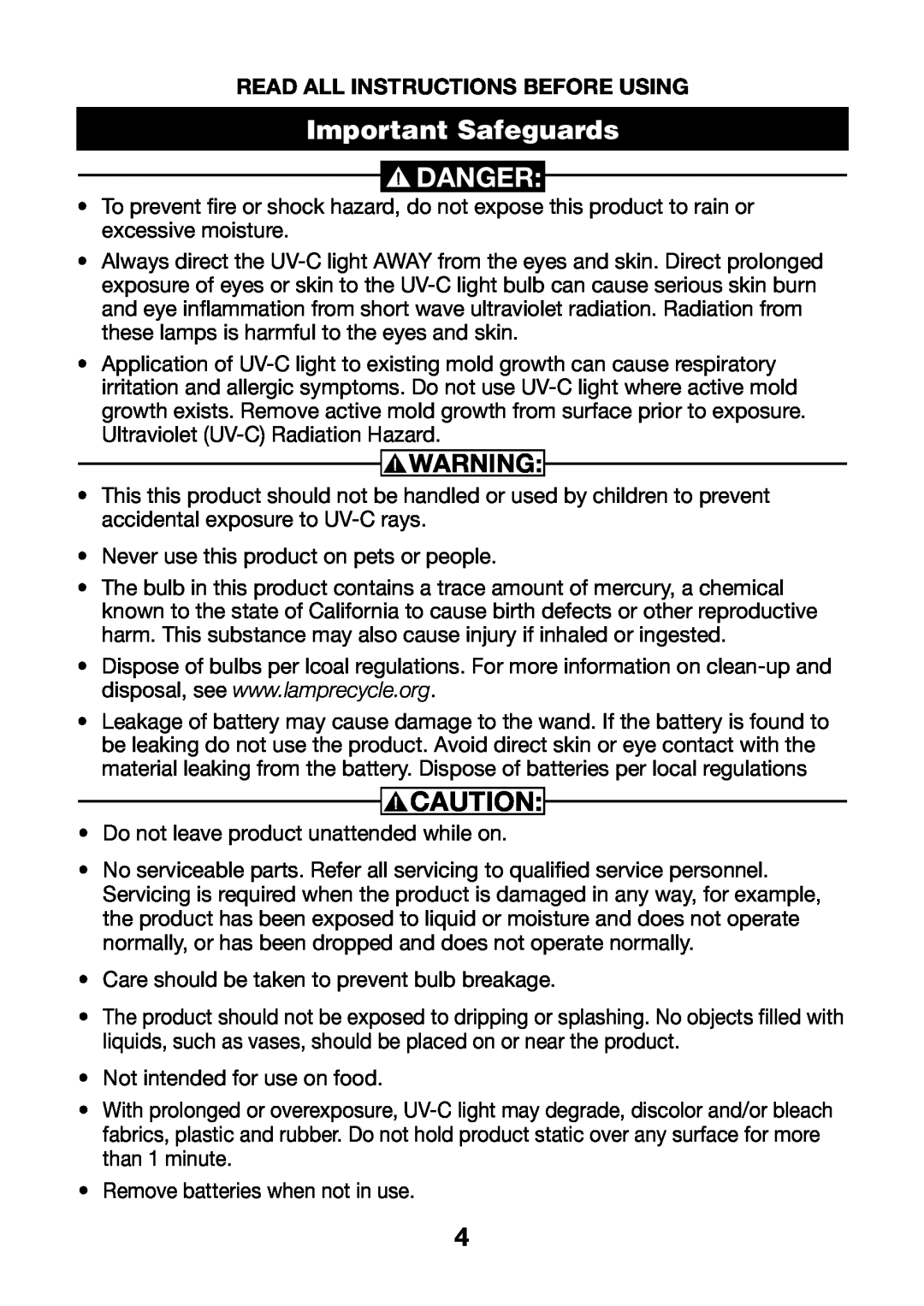 Verilux VH01 manual Important Safeguards, Danger 