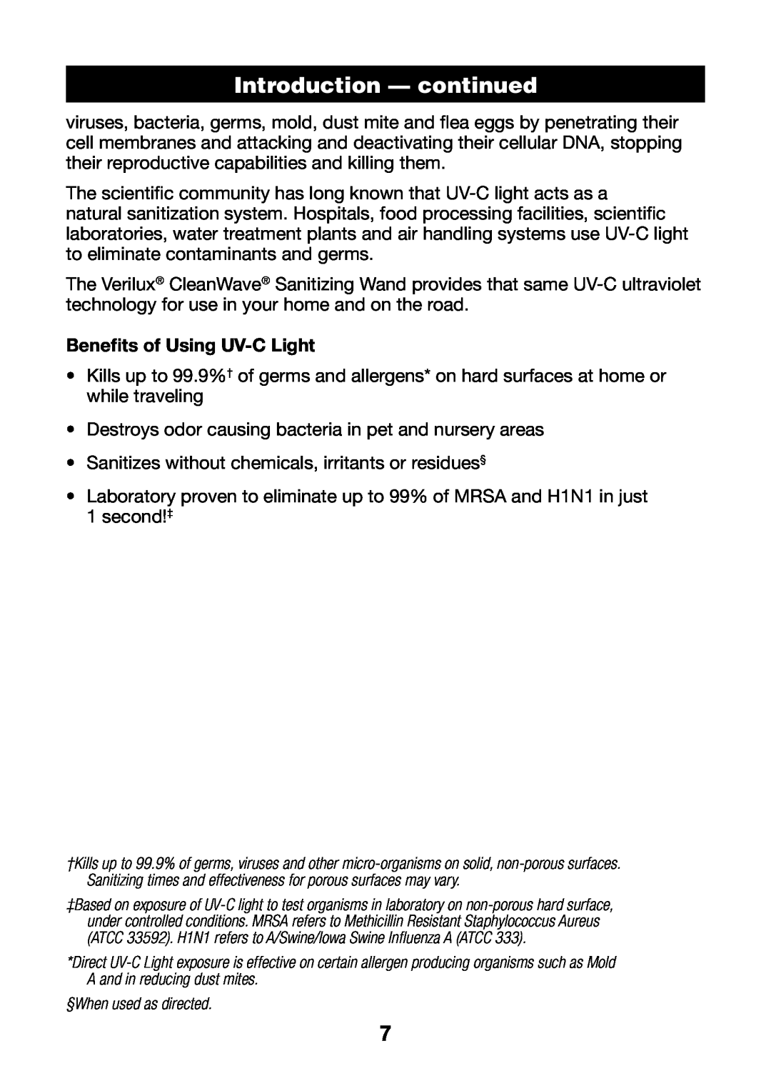 Verilux VH01 manual Introduction - continued, Benefits of Using UV-C Light 