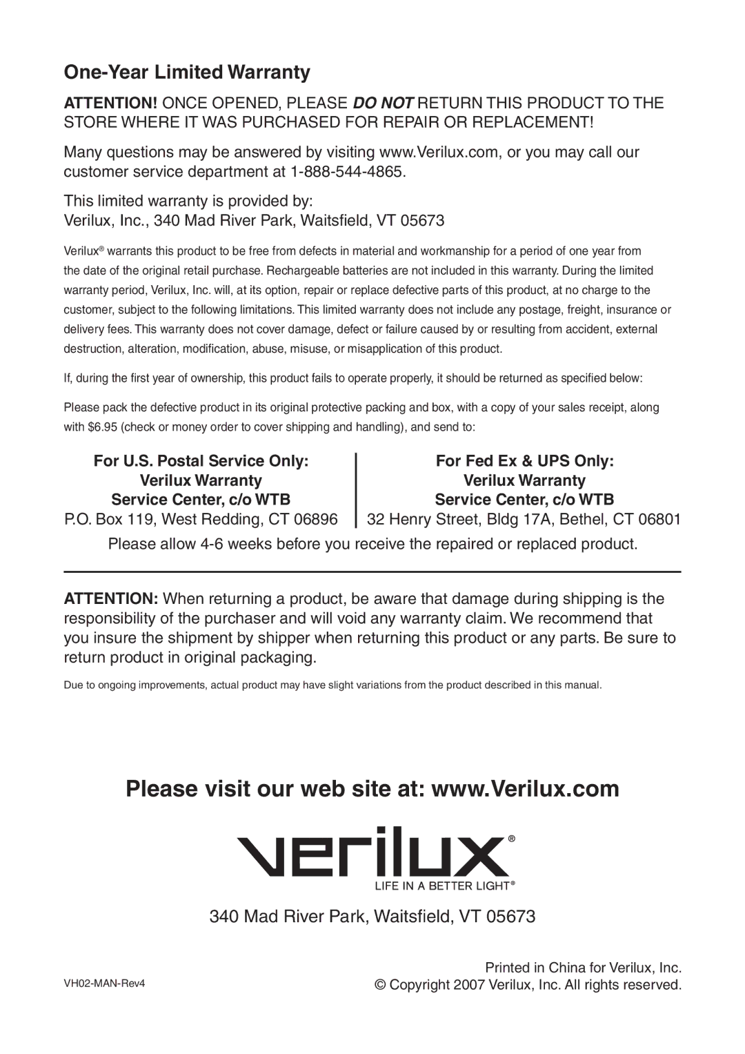 Verilux VH02 manual One-Year Limited Warranty 