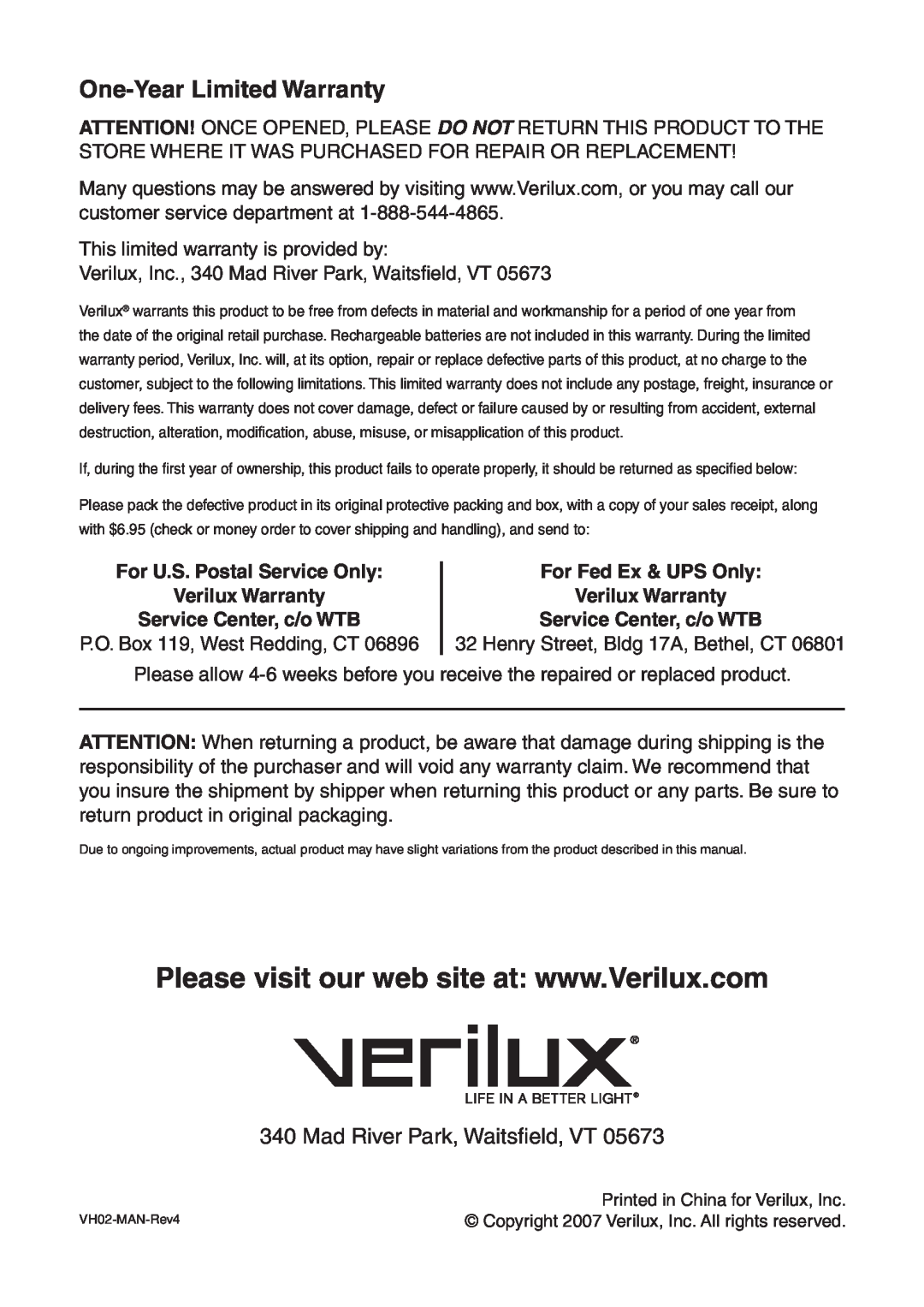 Verilux VH02 manual One-YearLimited Warranty, For U.S. Postal Service Only Verilux Warranty, Service Center, c/o WTB 