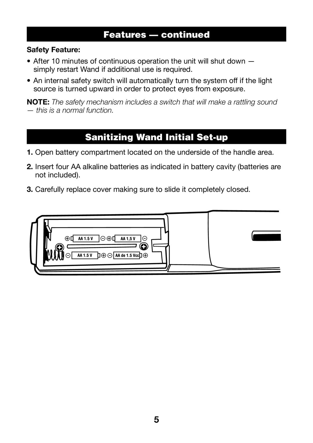 Verilux VH03 manual Sanitizing Wand Initial Set-up, Safety Feature 