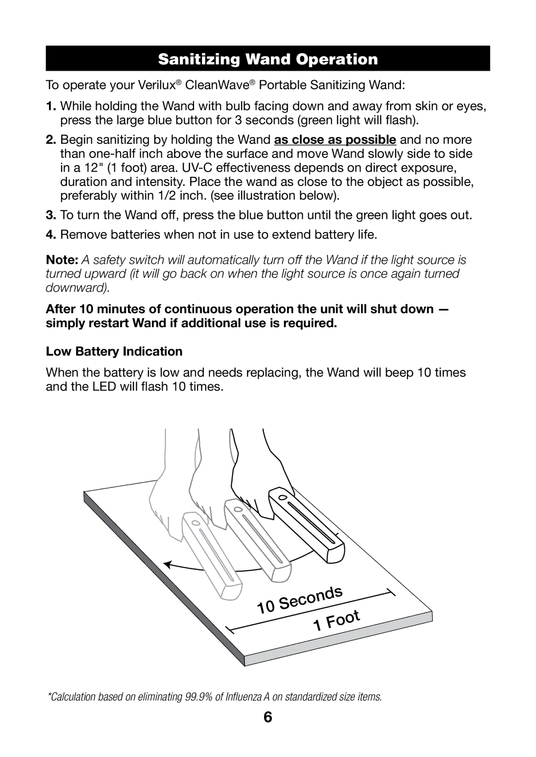 Verilux VH03 manual Sanitizing Wand Operation 