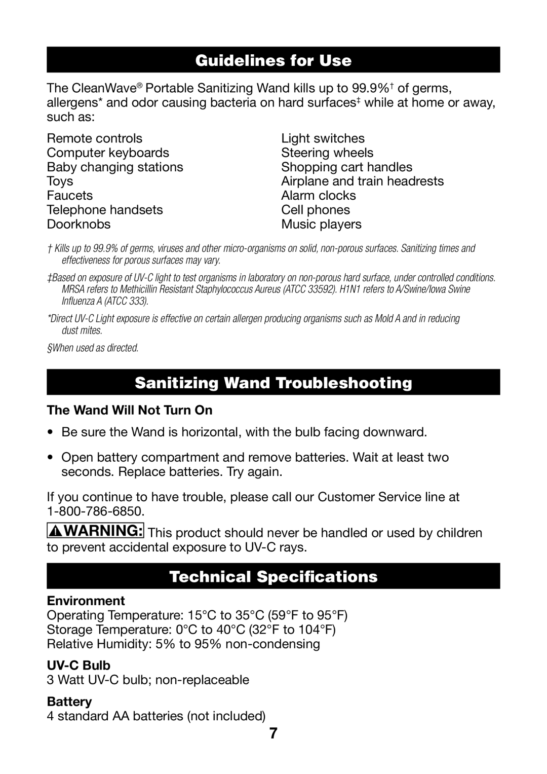 Verilux VH03 manual Guidelines for Use, Sanitizing Wand Troubleshooting, Technical Specifications 