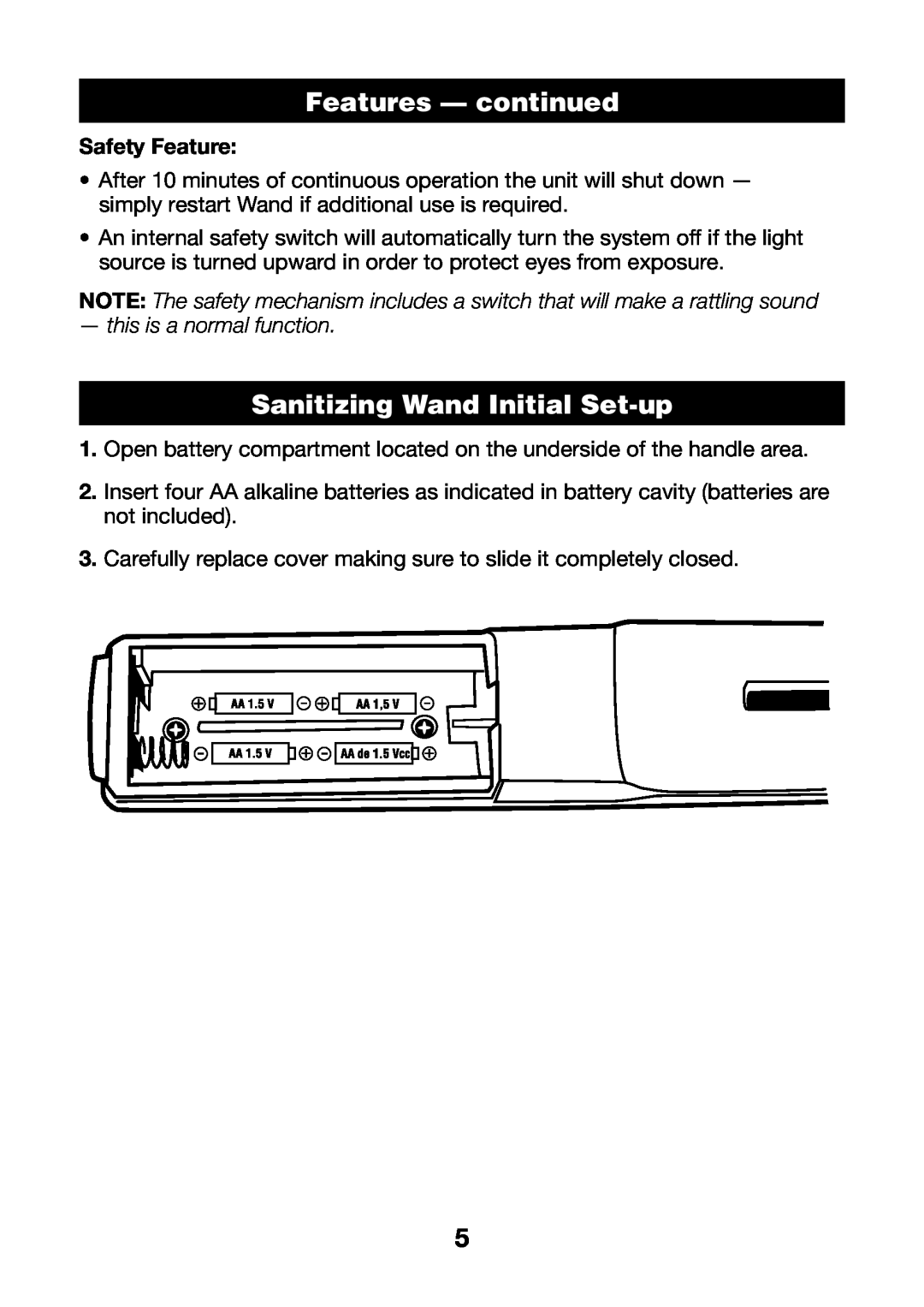 Verilux VH03 manual Features - continued, Sanitizing Wand Initial Set-up, Safety Feature, this is a normal function 